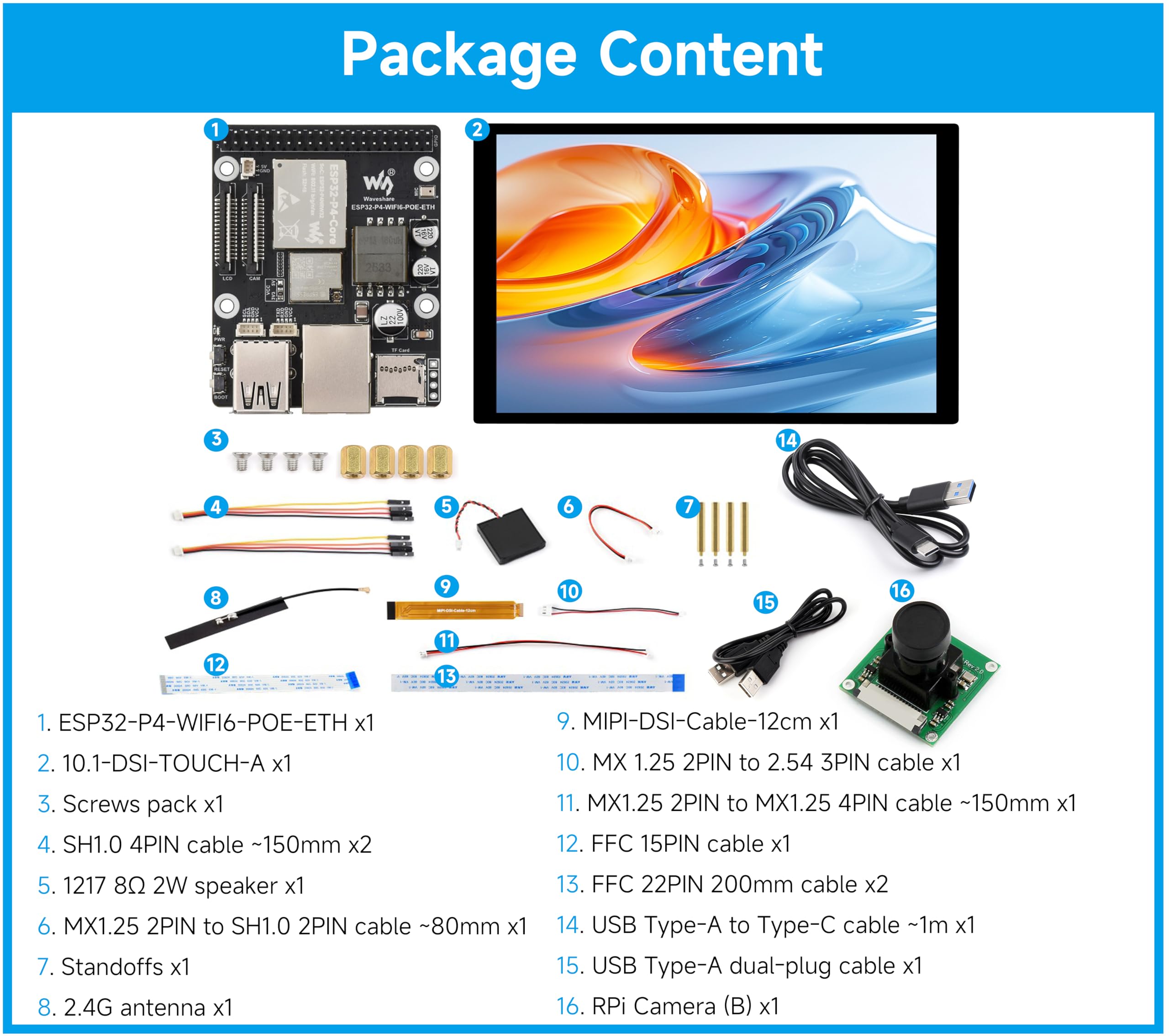 ESP32-P4-WIFI6-POE-ETH Development Board, Based on ESP32-P4 and ESP32-C6, Supports Wi-Fi 6 and Bluetooth 5 (LE), with PoE Module for PoE Power Supply, with 10.1inch Screen, Camera, Speaker (16 Items)
