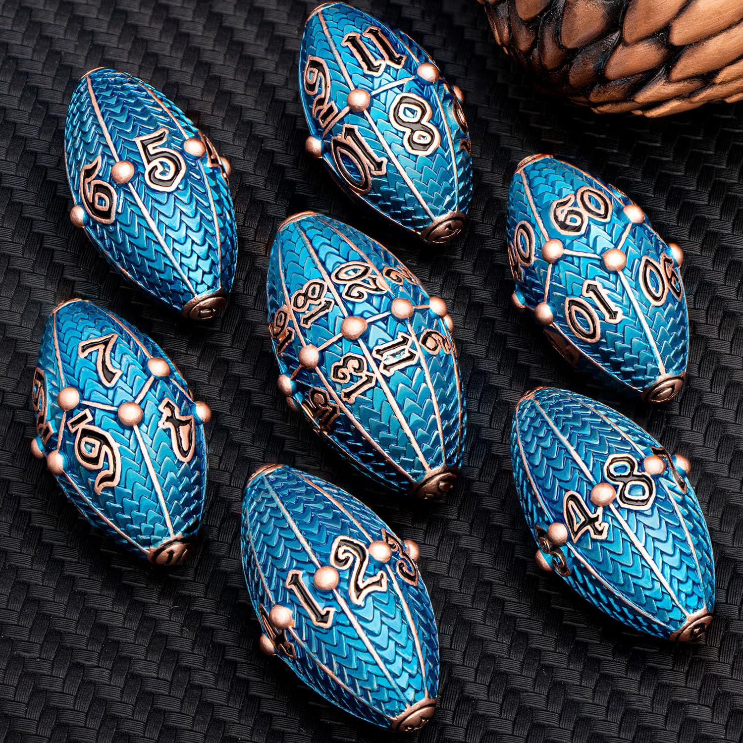 ARUOHHA DND - Dadi in metallo color rame blu con guscio di drago rotante, per giochi di ruolo, poliedrici D e D, set di dadi D20 D12 D10 D8 D6 D4