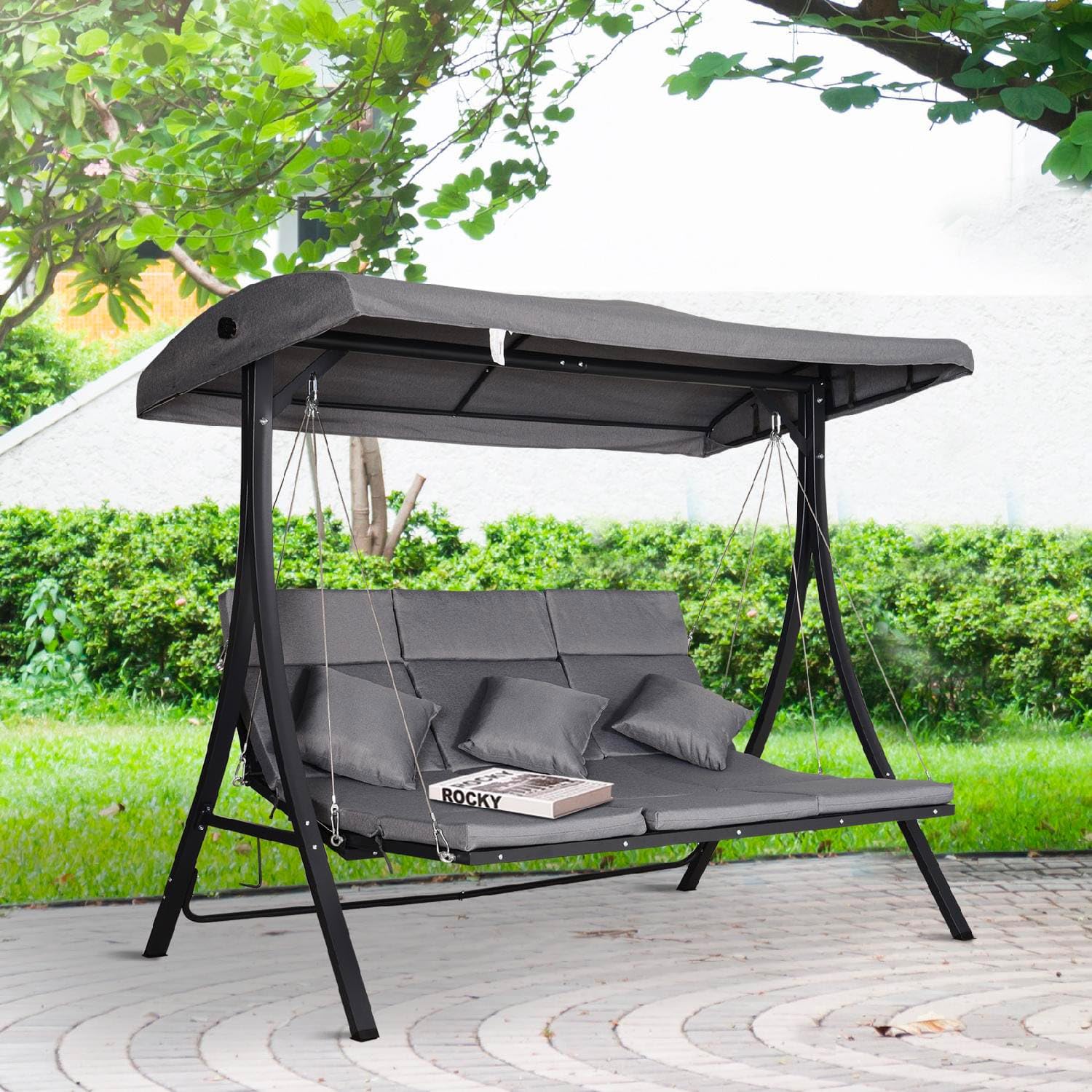 Dondolo da Giardino 3 Posti con Tettuccio Parasole in Metallo/Poliestere Dimensioni 200x115x168 cm Colore Grigio