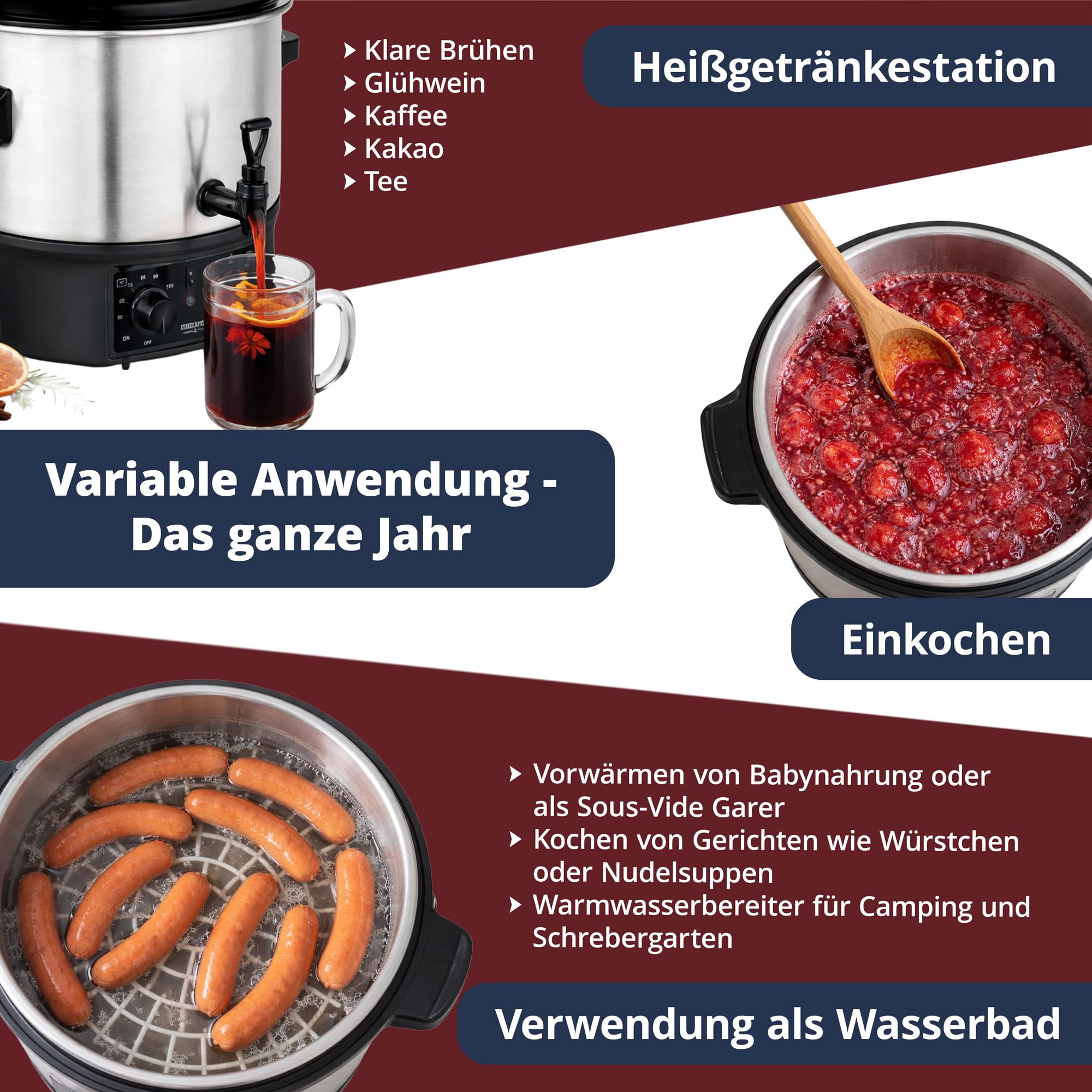 Stagecaptain GWK-16A Glühweinkocher - Einkochautomat mit 16 Liter - 2000 Watt - Gebürsteter Edelstahl - Einfache Bedienung (Temperatur und Zeitschaltuhr) - Abschaltautomatik - Silber