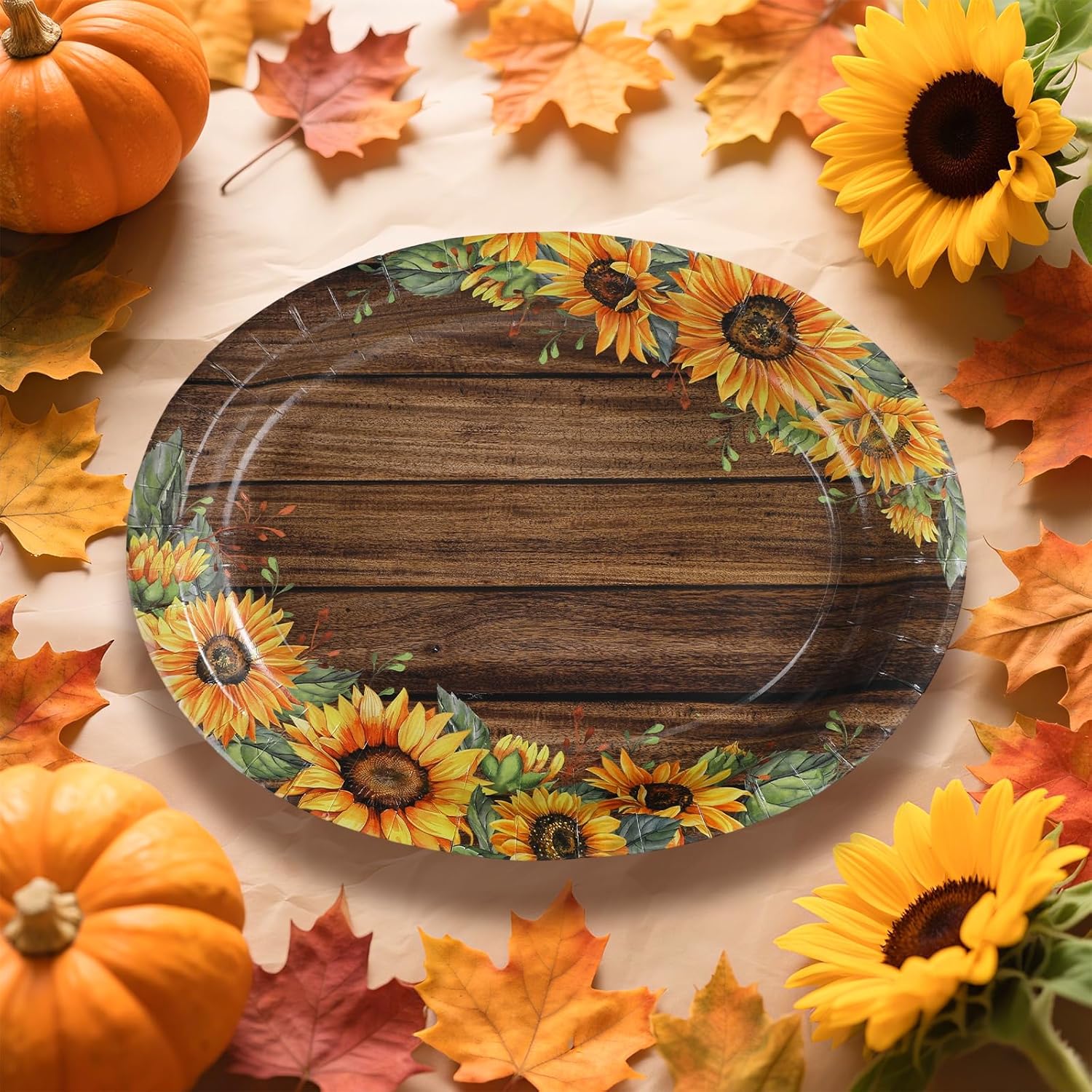 Grencian 50Pcs Fall Sunflower Oval Plates 10" x 12" Large Disposable Heavy Duty Sunflower Bridal Birthday Party Plates for Fall Harvest Thanksgiving Birthday Party Baby Shower Brial Shower Decorations