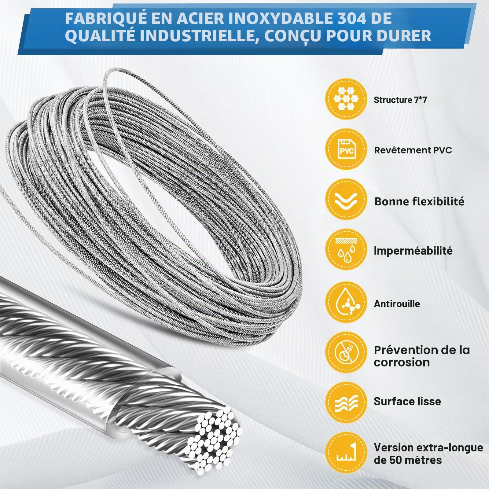 Kit de câble métallique de 50m/2mm,304 Cable Acier Inoxydable de PVC,Suspension de Guirlandes lumineuses en Extérieur,Treillis Plante Grimpante,Corde à Linge,Clôture,Cable Suspendre Kit
