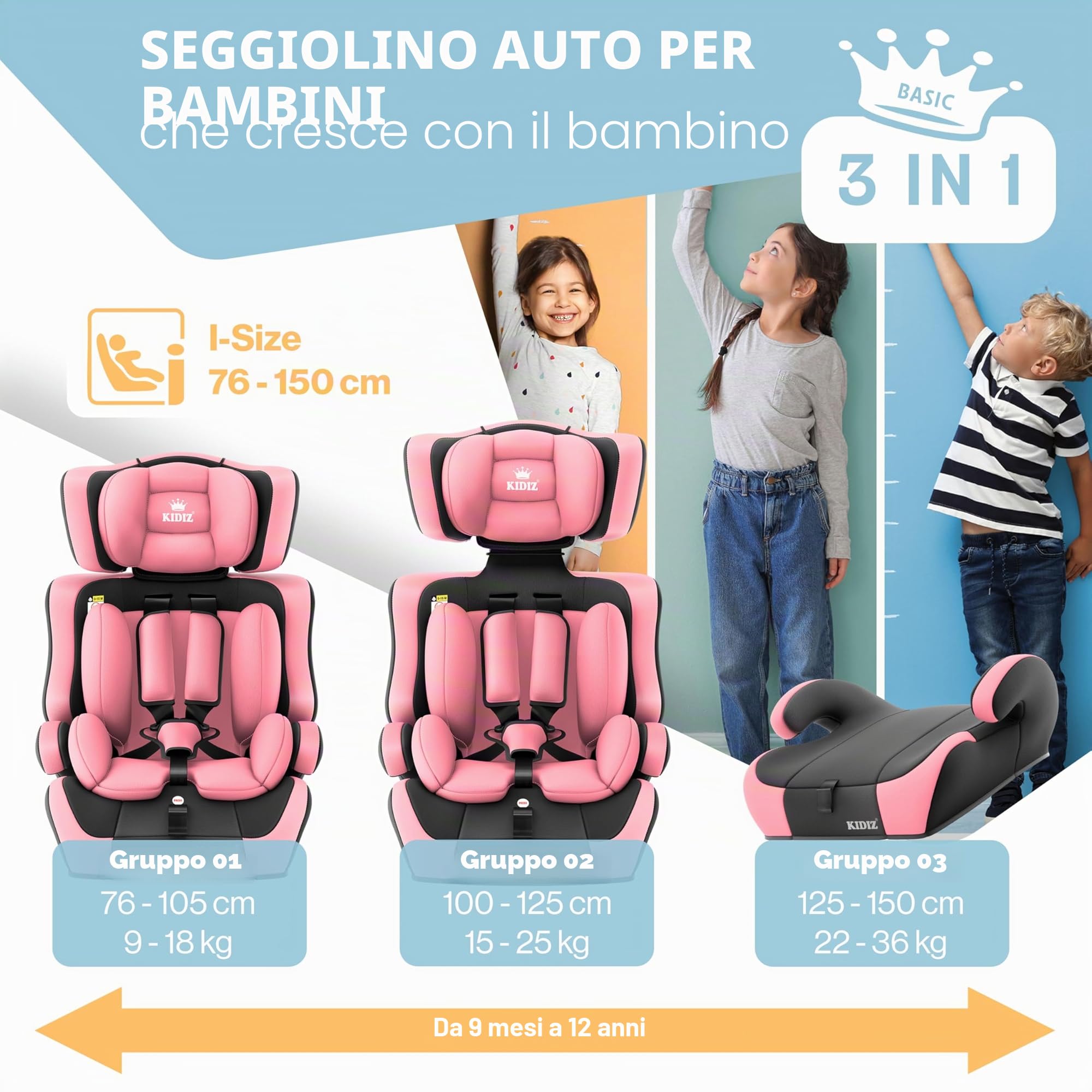 Kidiz®, seggiolino auto i-Size R129 100-150 cm fino a 12 anni, seggiolino per bambini gruppo 1/2/3 senza Isofix, seggiolino per bambini a crescita regolabile, cintura a 5 punti e poggiatesta