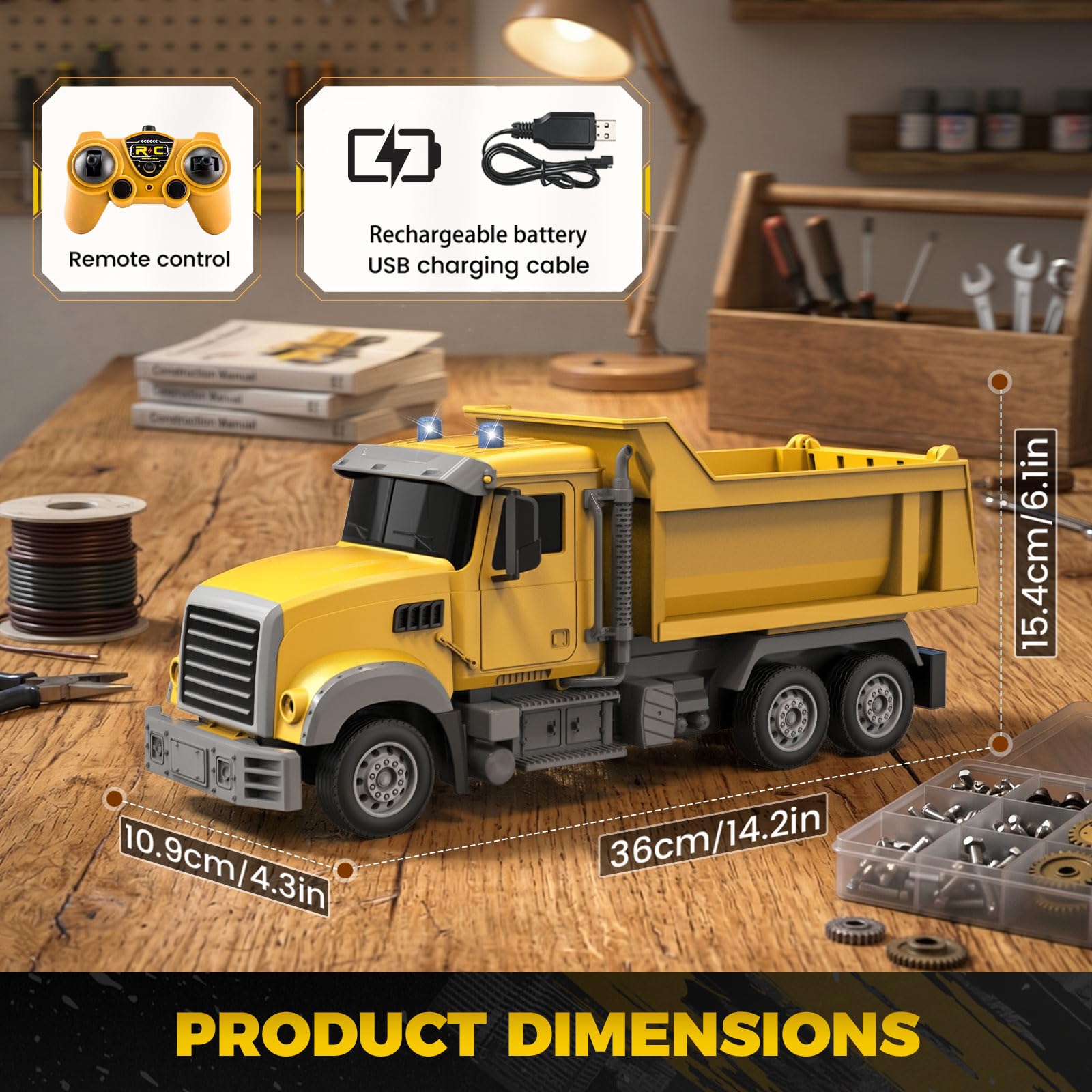 YESHIN 1:24 RC Kipper LKW, 6 Kanal Ferngesteuerter Baustellen LKW mit Licht, 2.4GHz Funksteuerung, Elektrische Kippmulde, Offroad Baufahrzeug Spielzeug für Kinder Jungen