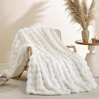 Smoofy Faux Fur Throw Blanket for Couch – Cream White Fluffy Cozy Rabbit...