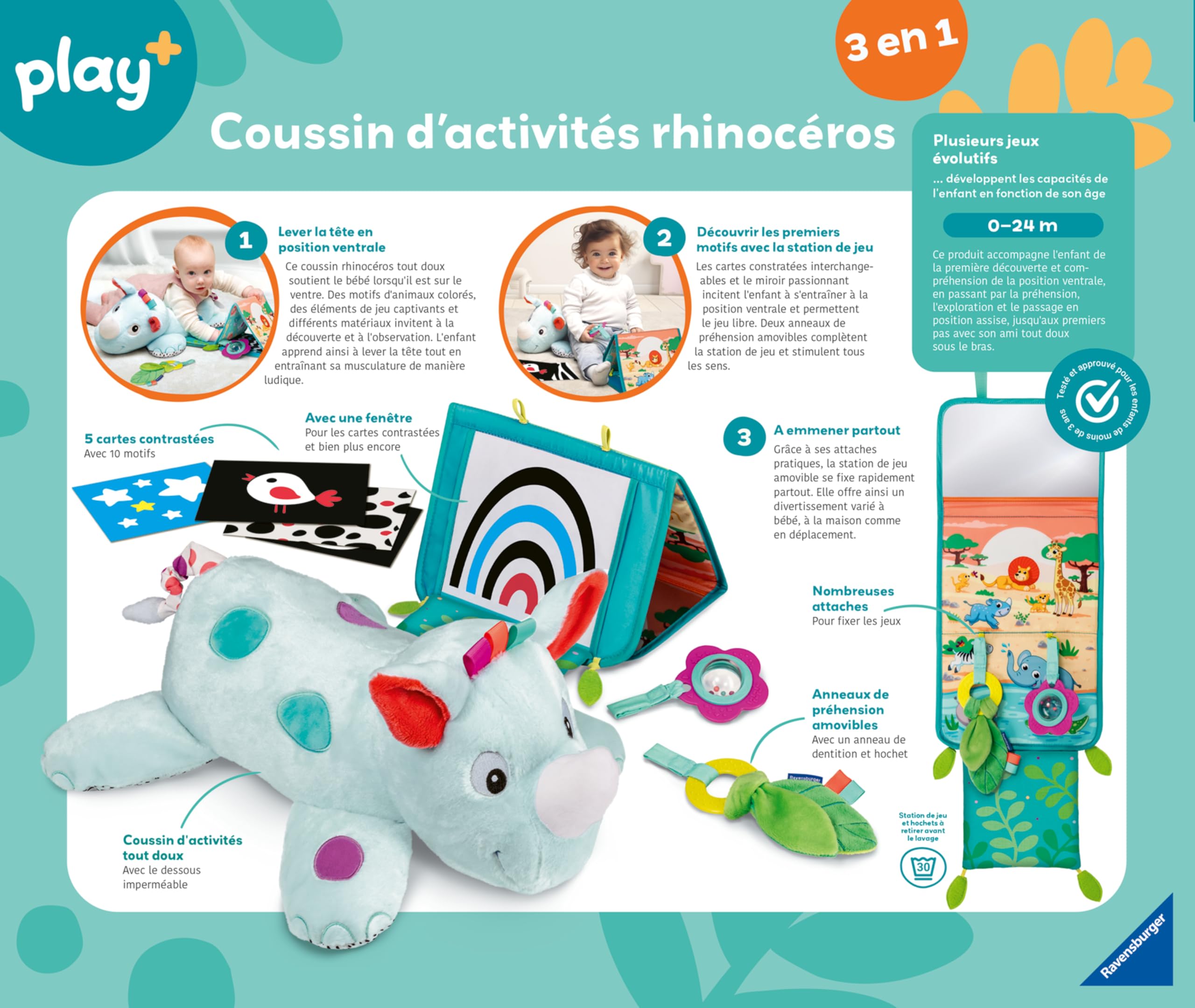 Ravensburger Play+, cuscino sportivo 3 in 1 a forma di Rhinoceros, ideale per allenare bambini da 0 a 6 mesi, giocattolo per imparare la prima infanzia e peluche per attività legate al parto, 34010