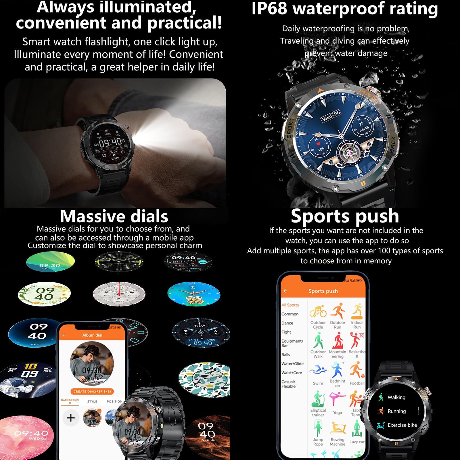 Smart Watch, Outdoor Smart Sports Watch, GPS Men Fitness Smartwatches con Schermo IPS da 1,53 Pollici E Torcia LED, Funzione Bussola, Resistenza all'Acqua P68 per Android E iOS