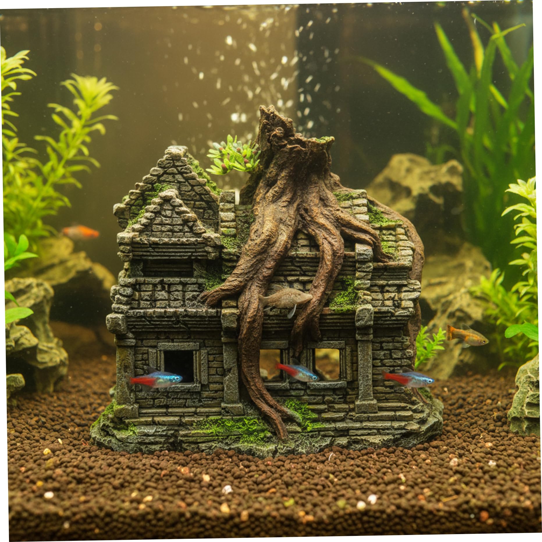 Realistico Castello ad arbusto per Acquario con Grotta – Grandi Decorazioni per Acquario, Ornamento in Resina Dipinto a Mano per Pesci Betta e gamberetti Che nascondono e Giocano