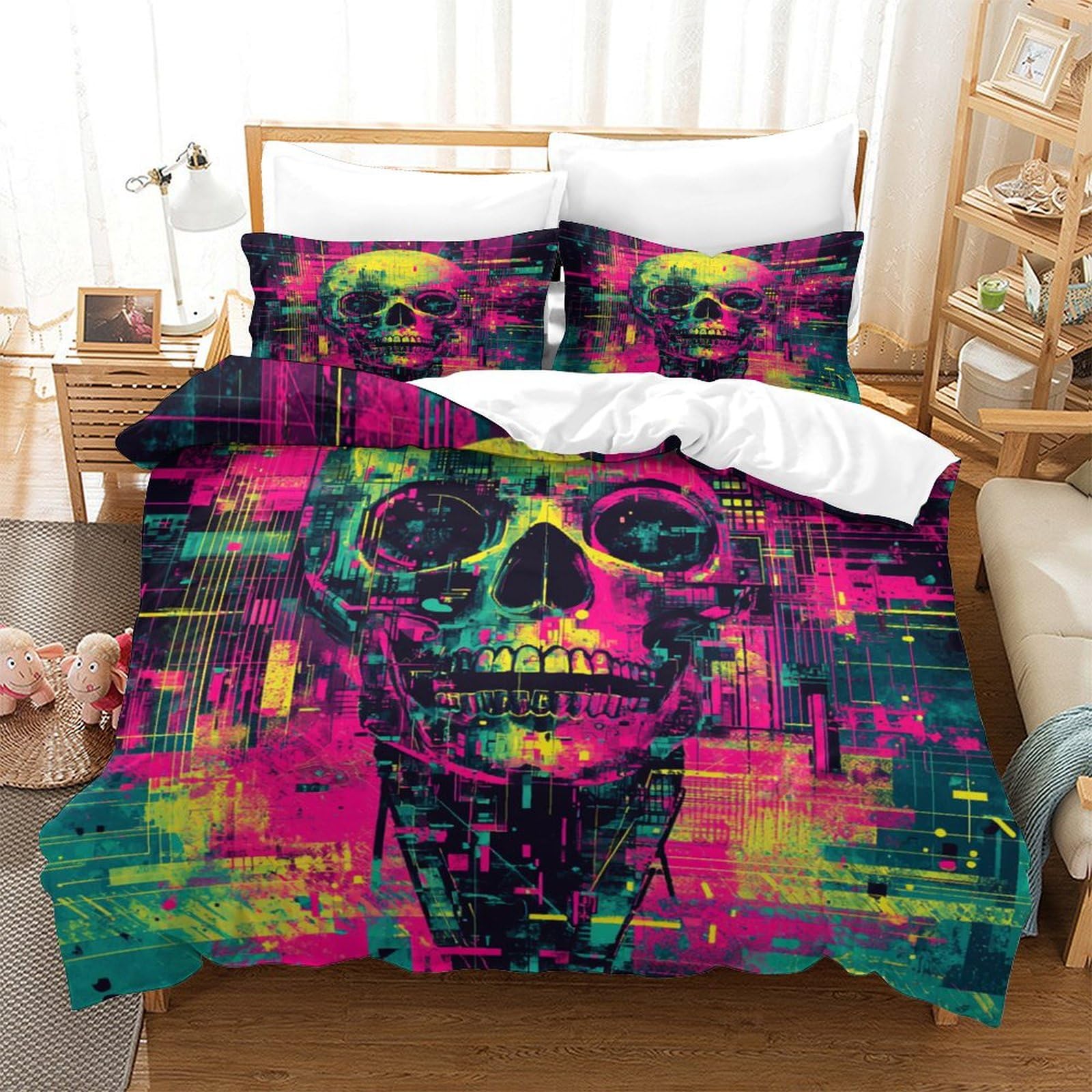 P1s9u7w5y Skull-7 Graffiti Skull 3D Printed Duvet Cover Set 3Pcs Microfiber Punk Skull Bedding Set Double（200X200cm）