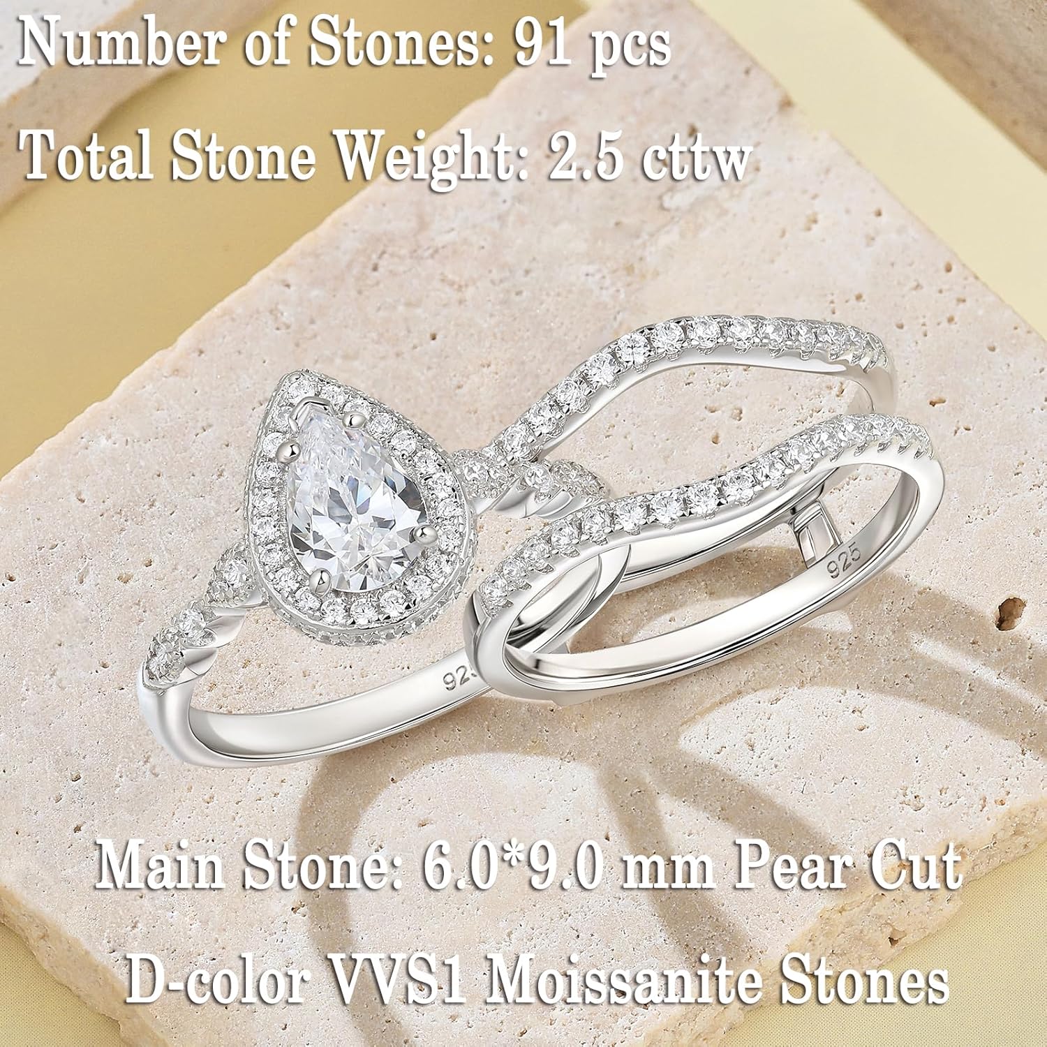 Newshe Jewellery Moissanite Wedding Rings for Women 925 Sterling Silver Pear Cut Engagement Ring Sets Teardrop Bridal Band Enhancer Size - Image 3