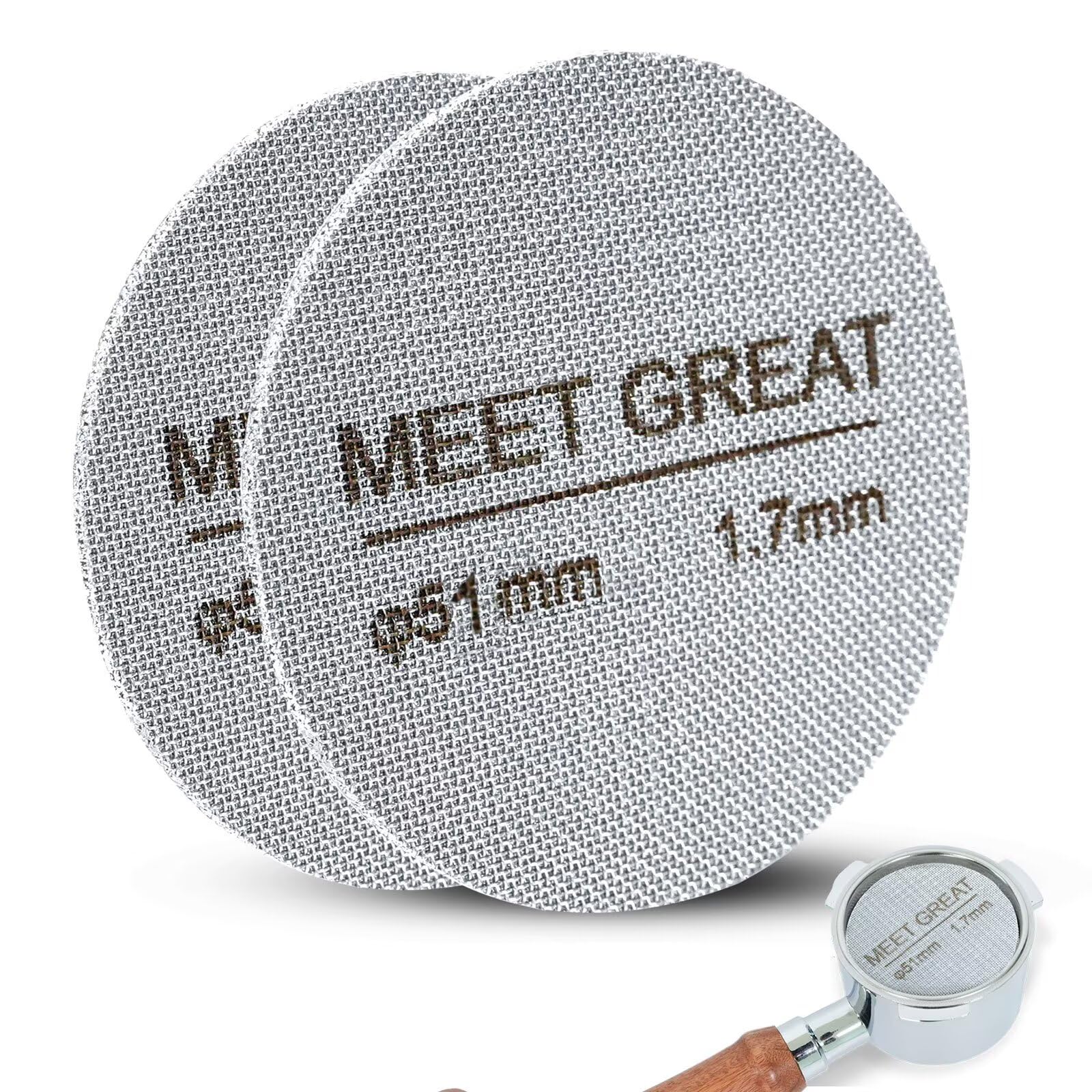 Meet Great- 2 Packs 51mm Espresso Puck Screen, 1.7mm Thickness 150μm 316L Stainless Steel, Upgraded Reusable Coffee Filter Screen for 51mm Breville Portafilter Filter Basket