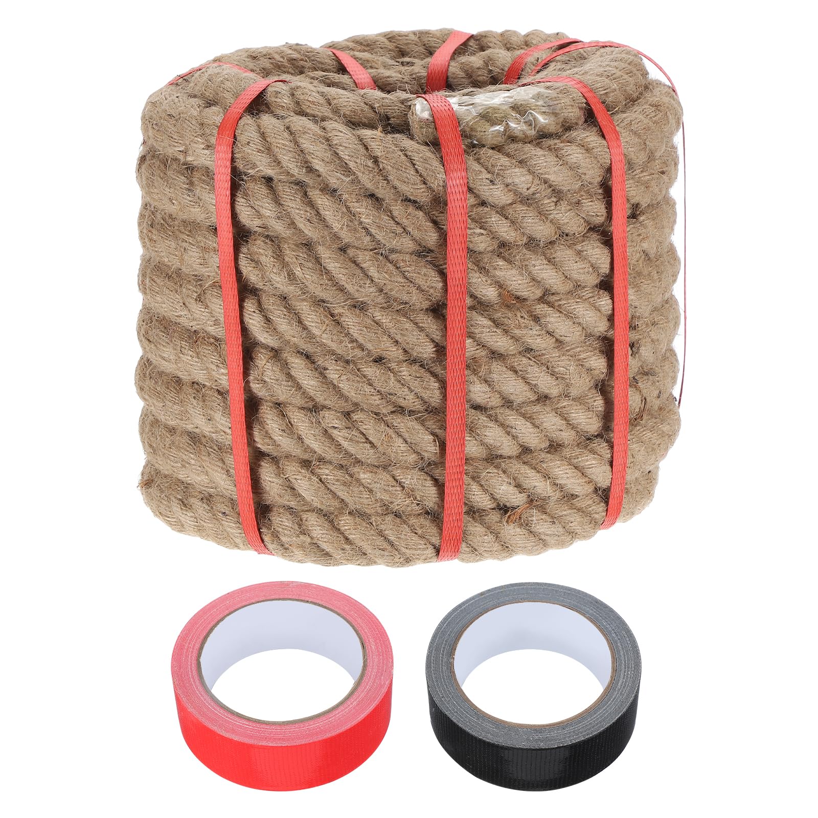 sourcing map Jute Rope 1.1 Inch x 49ft, Heavy Natural Thick Twisted Rope with 2 Roll Tapes for Crafts Railing Docks Tug of War Swing Nautical Landscaping