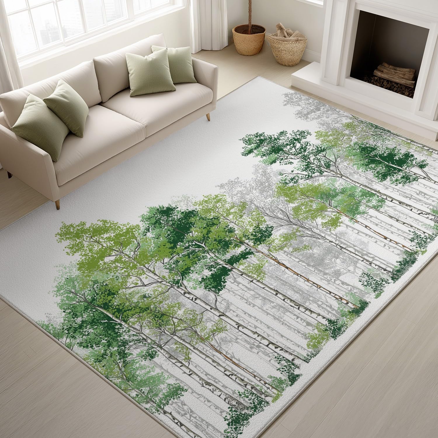 Generyczna wycieraczka do użytku w pomieszczeniach, 160 x 230 cm, nadaje się do prania w pralce, nowoczesna, minimalistyczna, naturalny las, biało-zielony dywan, antypoślizgowy dywan z niskim runem do