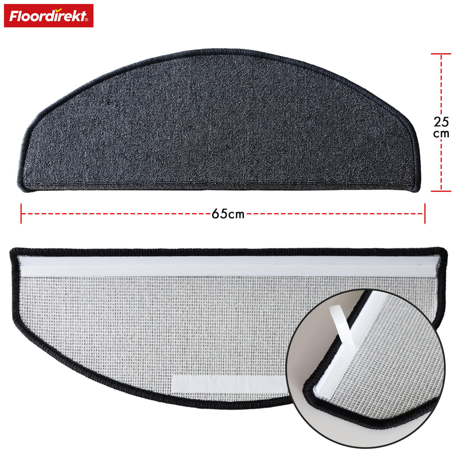 Floordirekt Treppenstufen Matten - London Pro Anthrazit - 1 Stück Stufenmatten Treppenteppich halbrund 25x65 cm