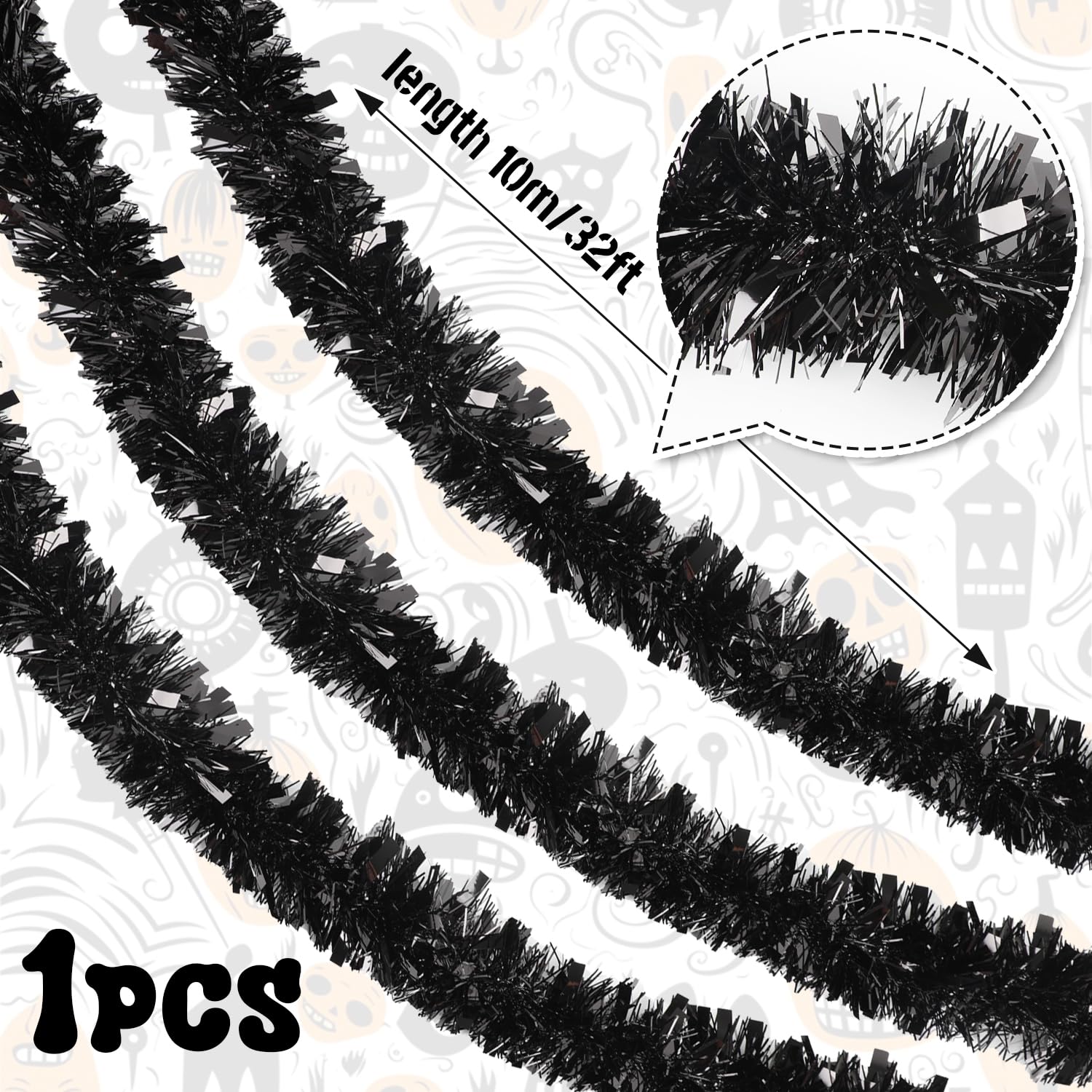 ZALAON Black Tinsel Garland, 10M Thick Halloween Tinsels Garland for Christmas Tree Decorations Indoor Outdoor Party Supplies - Image 3