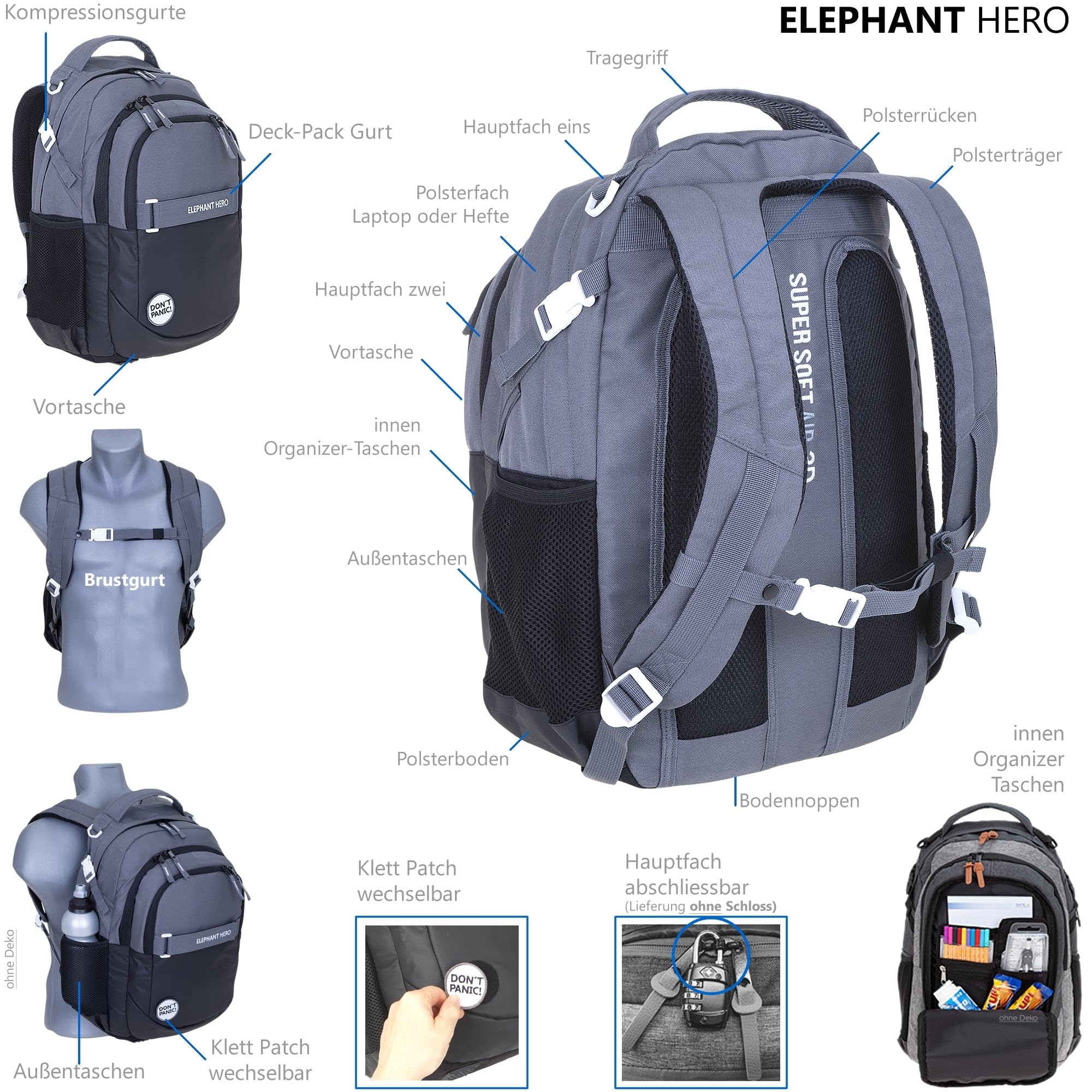 Elephant Schulrucksack 4 Teile Set Hero Rucksack 13047 CB Schwarz rtmf | Signature Jungen Mädchen Schultasche mit Sportbeutel Turnbeutel Mäppchen Flasche Anthrazit