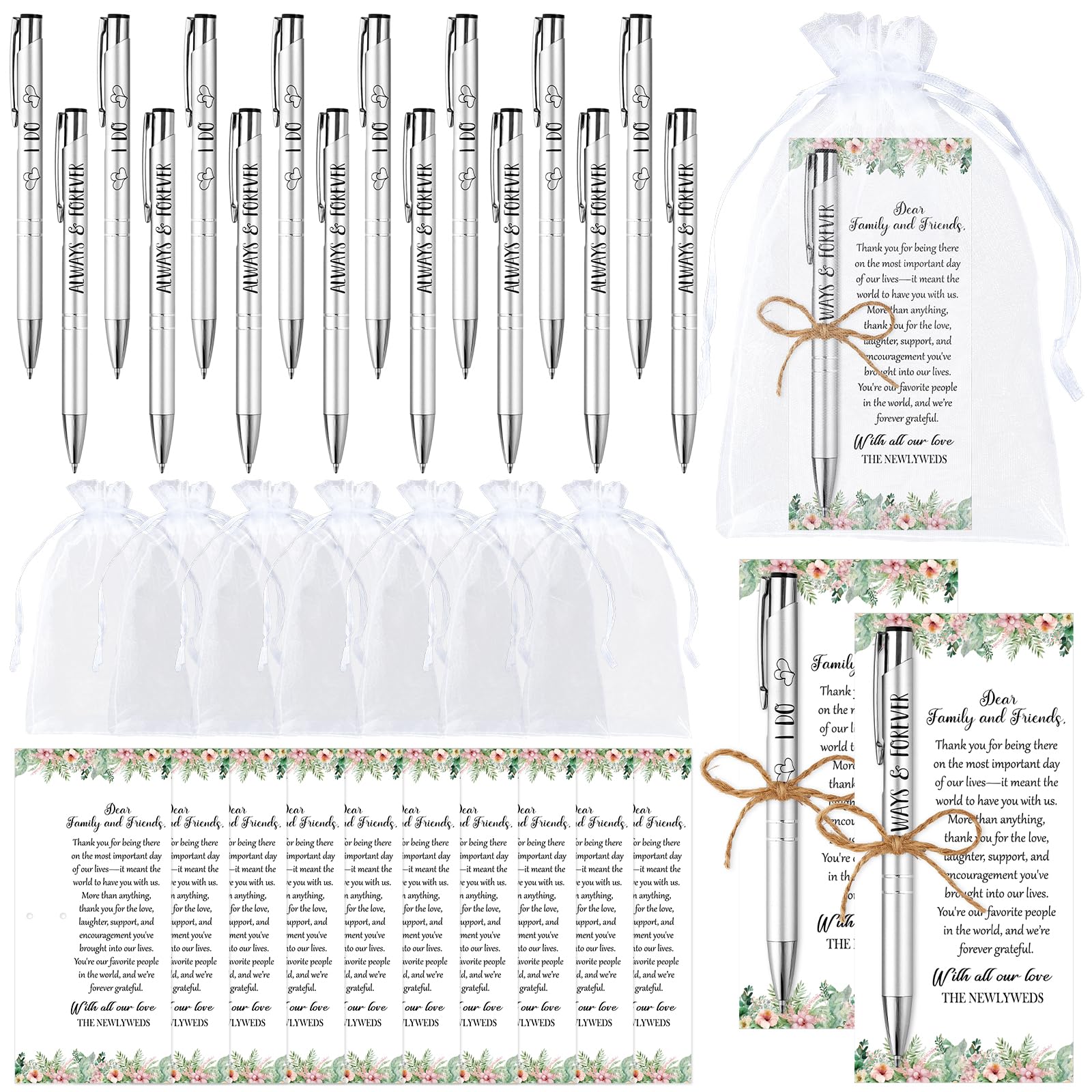 Set di 50 bomboniere per gli ospiti, include penne a sfera retrattili, biglietti di ringraziamento, sacchetto in organza, corda di canapa, bomboniere, addio al nubilato, regali, souvenir, souvenir per