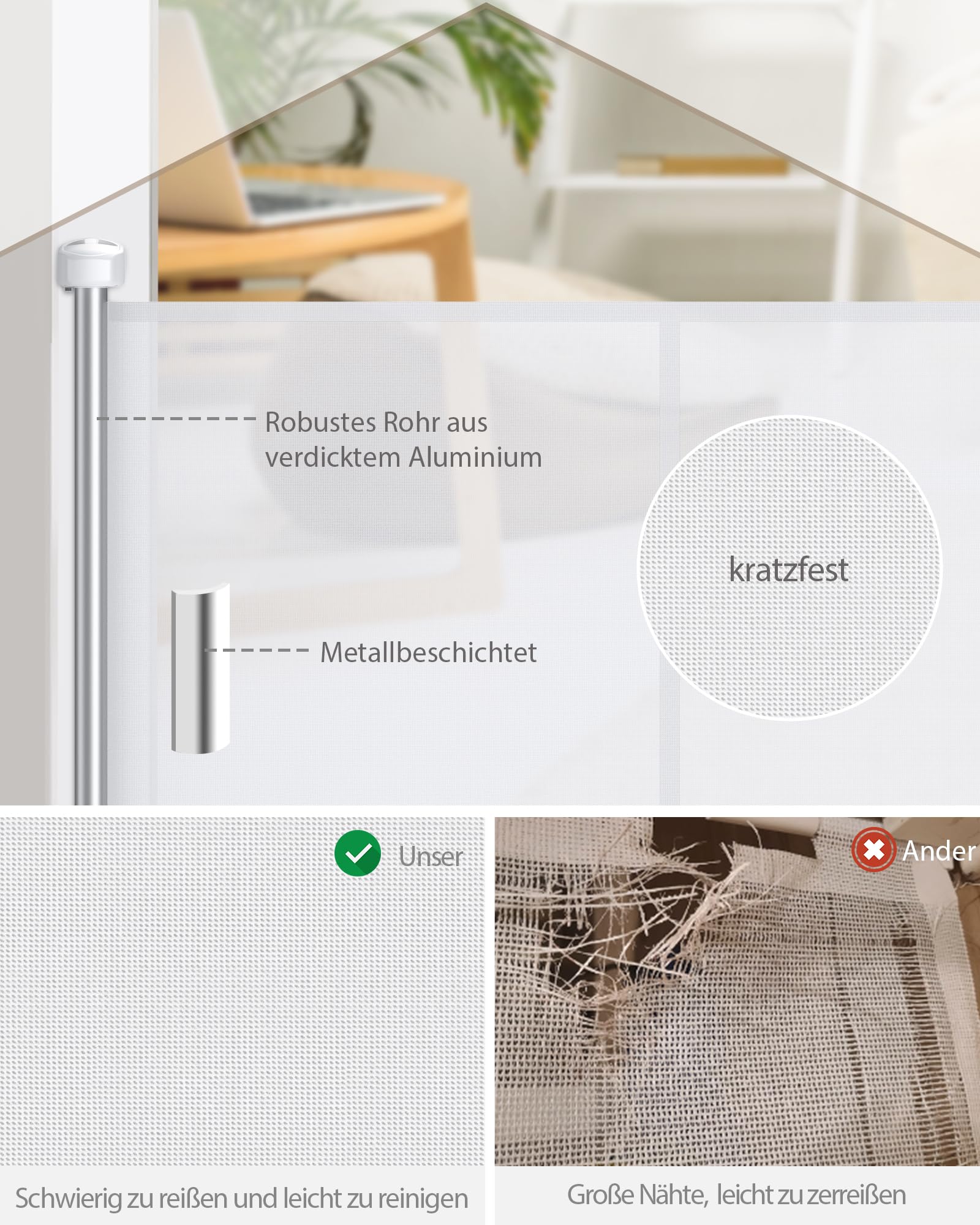 HOMGEN Treppenschutzgitter Türschutzgitter Kindergitter – Ausziehbar 0-300CM, Schutzgitter für Hunde Kinder, Einhandbedienung, Verstellbare Breite, Glasfaserverstärkt, Für Treppen, Türen- Weiß