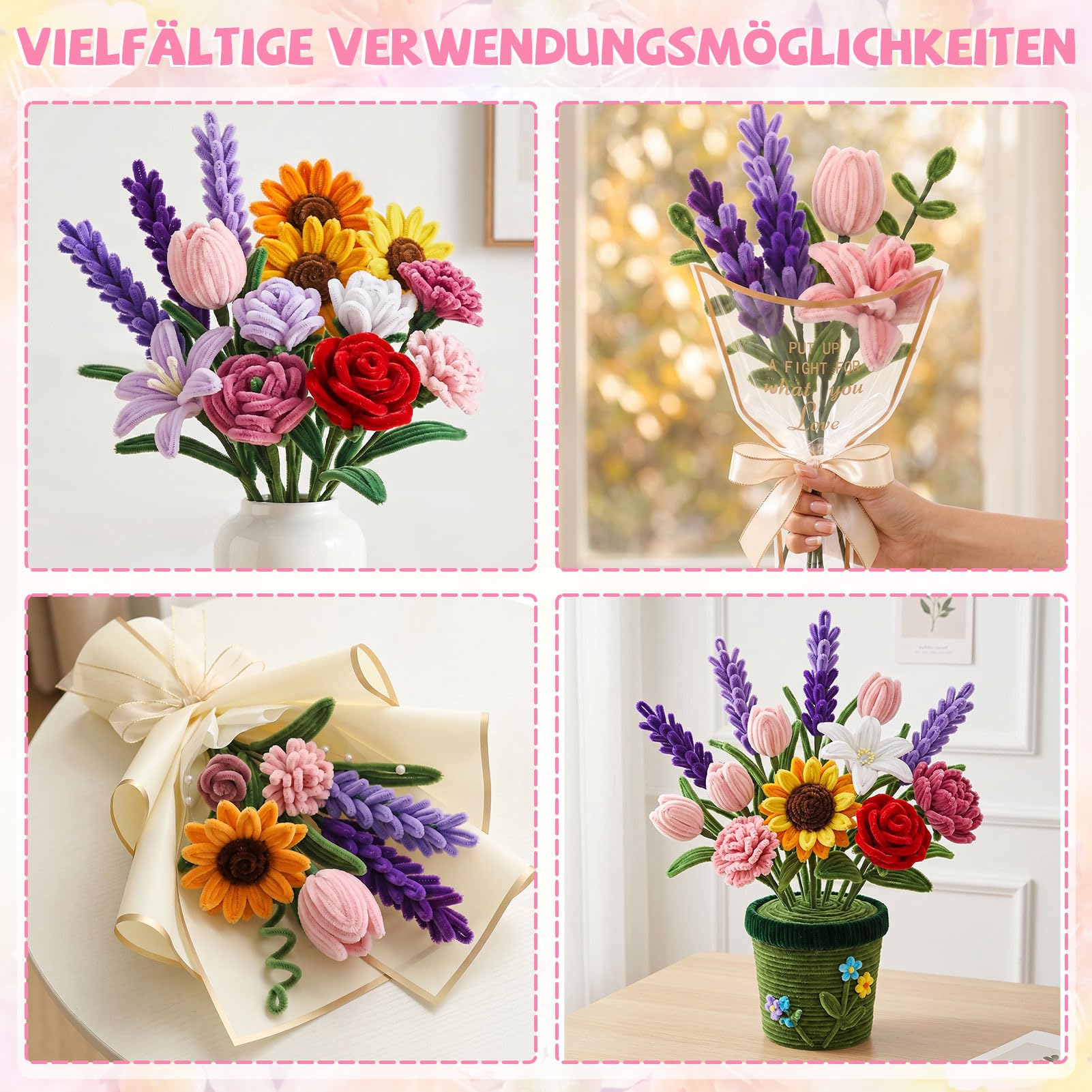 Lot de 1000 cure-pipes à fleurs pour bricolage, 16 couleurs, fil chenille avec fil de fleurs, perles, papier cadeau et accessoires pour décoration de bouquet de fleurs DIY