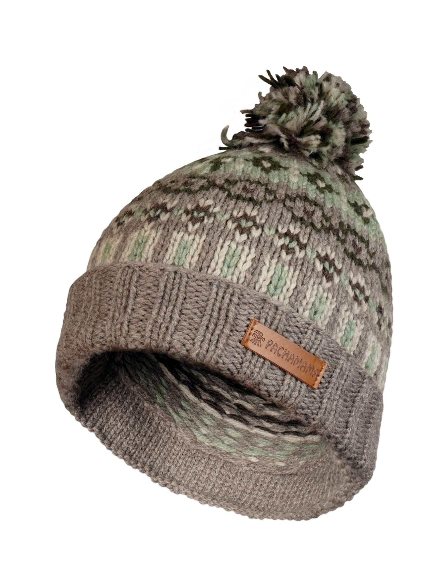 Pachamama Women 100% Pure Fine Merino Wool Beanie Bobble Hat Handknitted Diamond Pattern One-Size Handmade Soft Warm Breathable Moisture Wicking Fair Trade (UK, Alpha, One Size, Green)