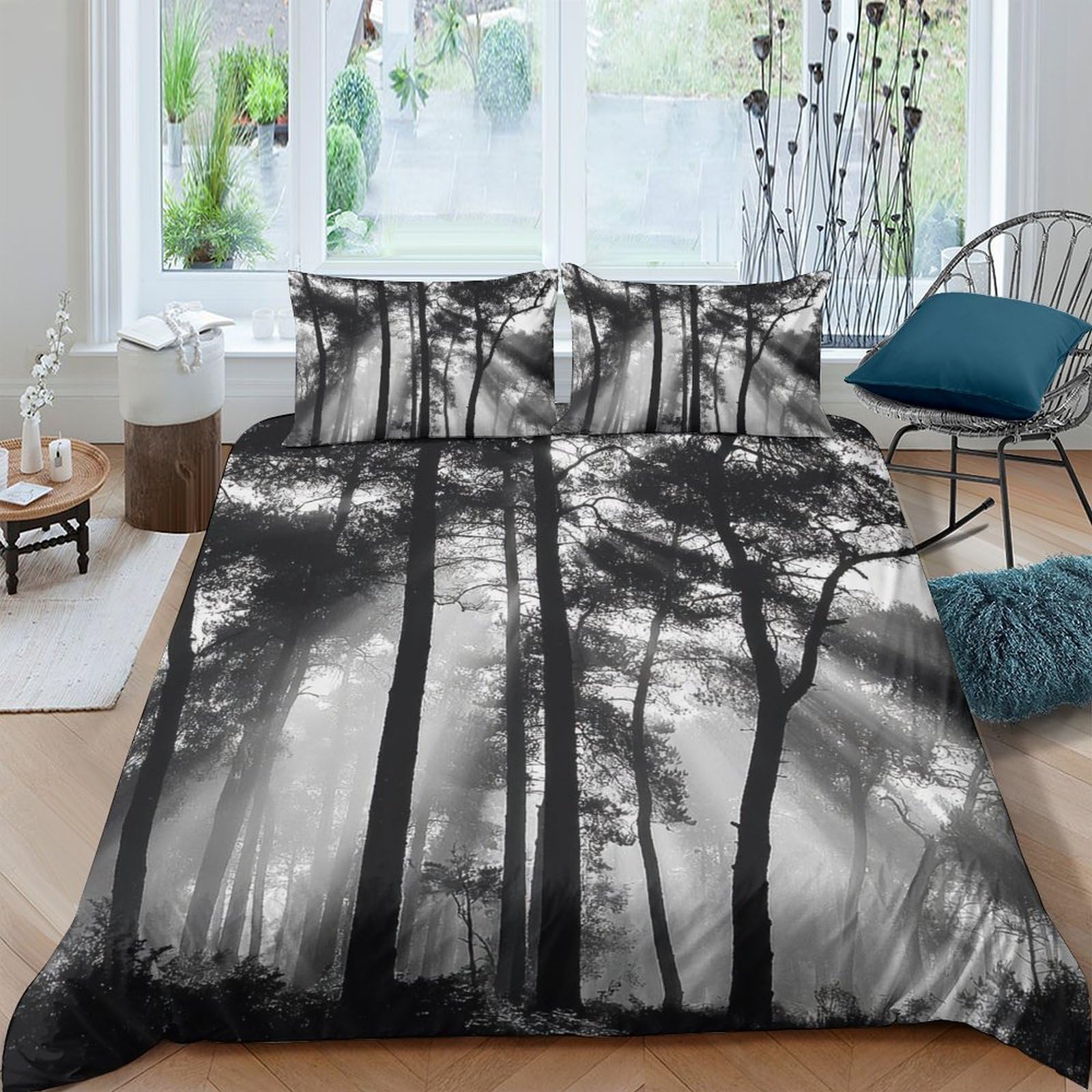 Ctjqhvkz Style-4 3D Printed Forest Mist Fitted Sheet Microfiber Soft Bed Cover Woodland Trees Mattress Decor Bedroom Dorm Single（135X200cm）