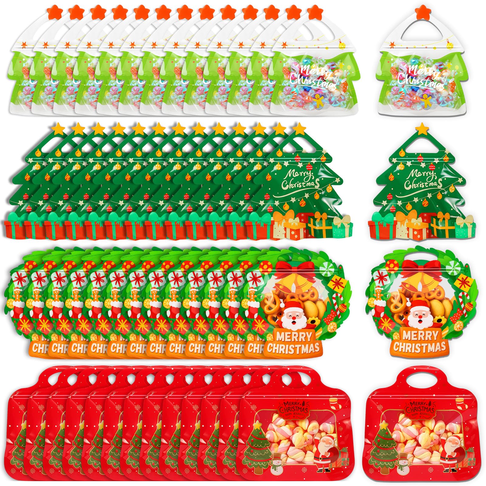 Shinylin 48 Pcs Christmas Zip Candy Treat Bags Resealable Xmas Goodie Bags