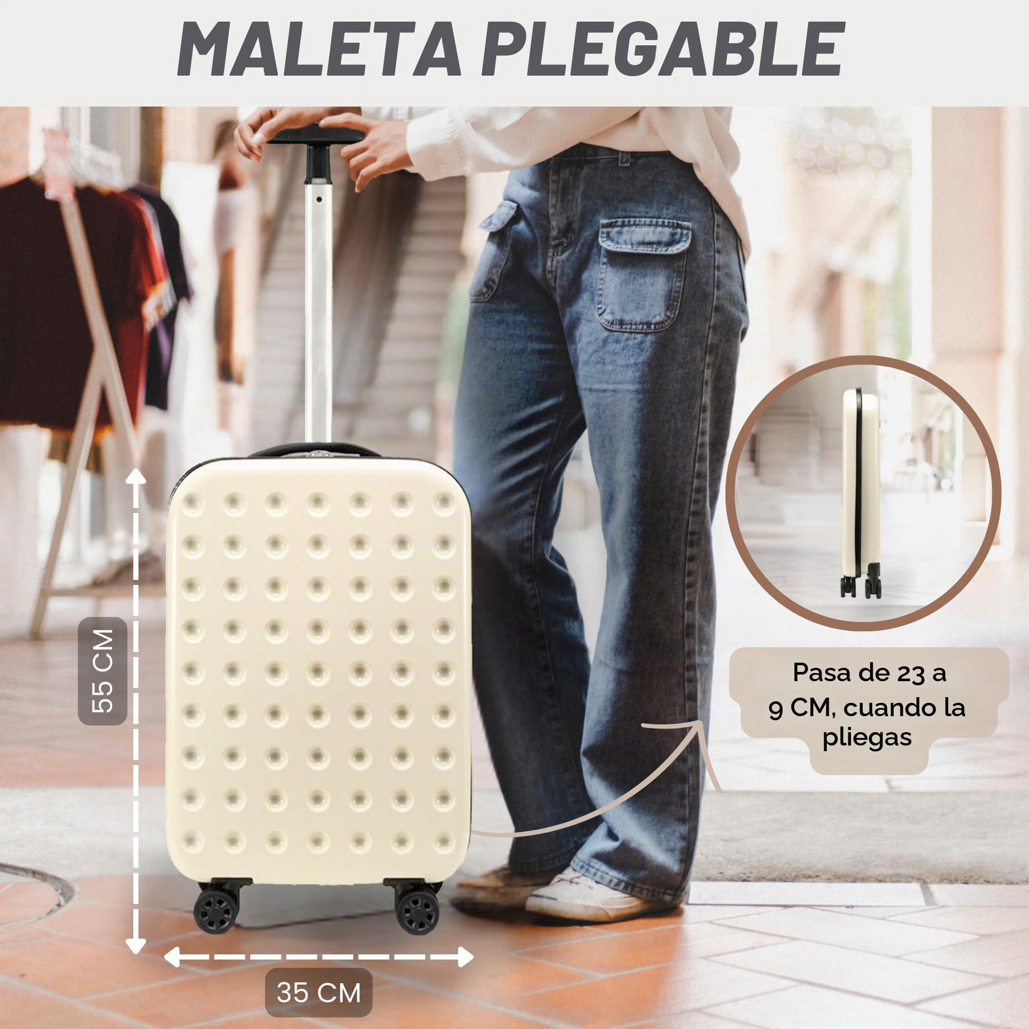 MAGIC SELECT Maleta de Cabina ABS Plegable, 55 CM, 45L | Trolley Rígida, 4 Ruedas Dobles, Mango Telescópico, Incluye Candado de Combinación