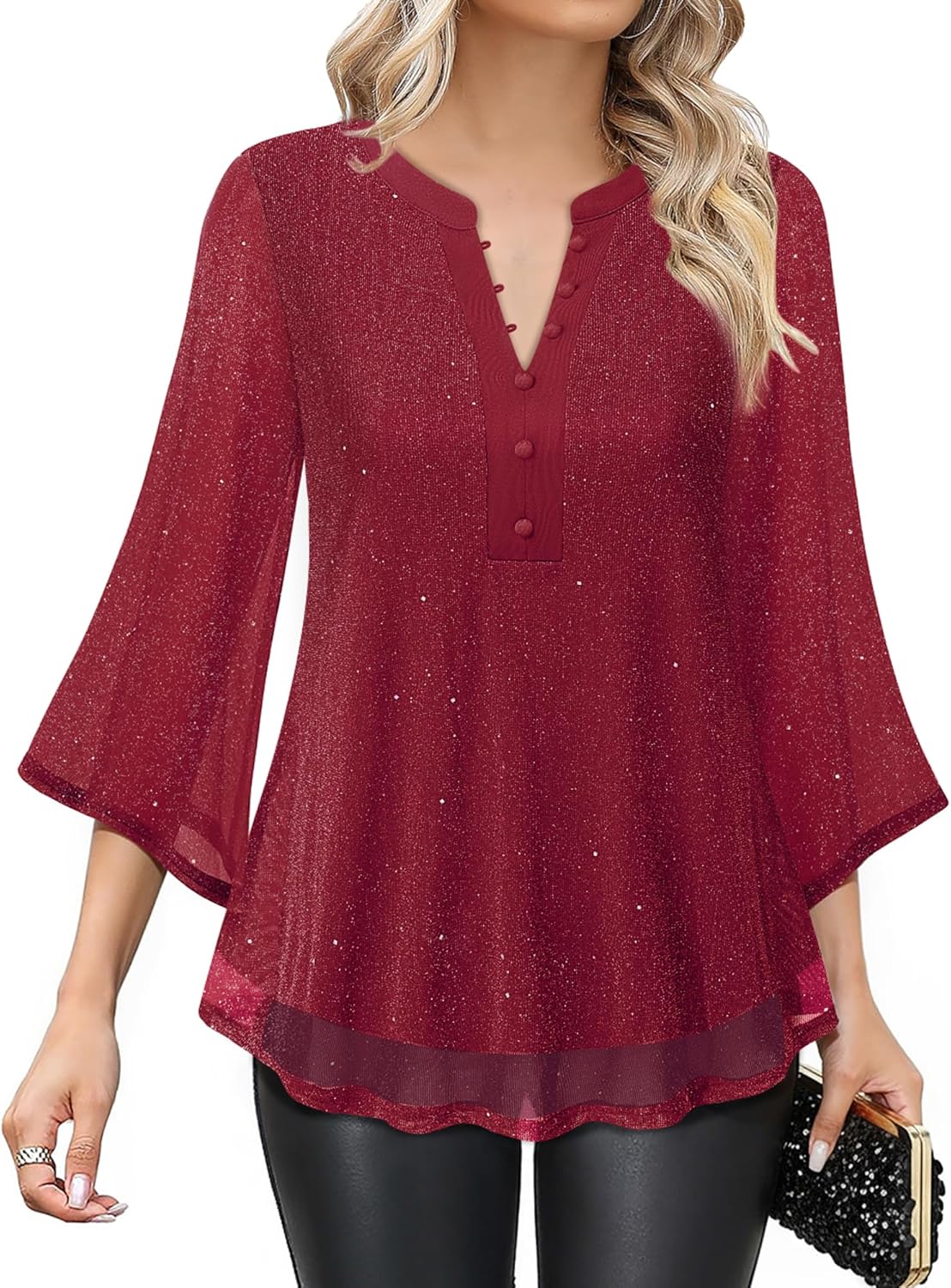 VALOLIA Womens Tops 3/4 Sleeve Sparkly Blouses Dressy Casual Elegant Flowy Double Layers Mesh Shirts - Image 2