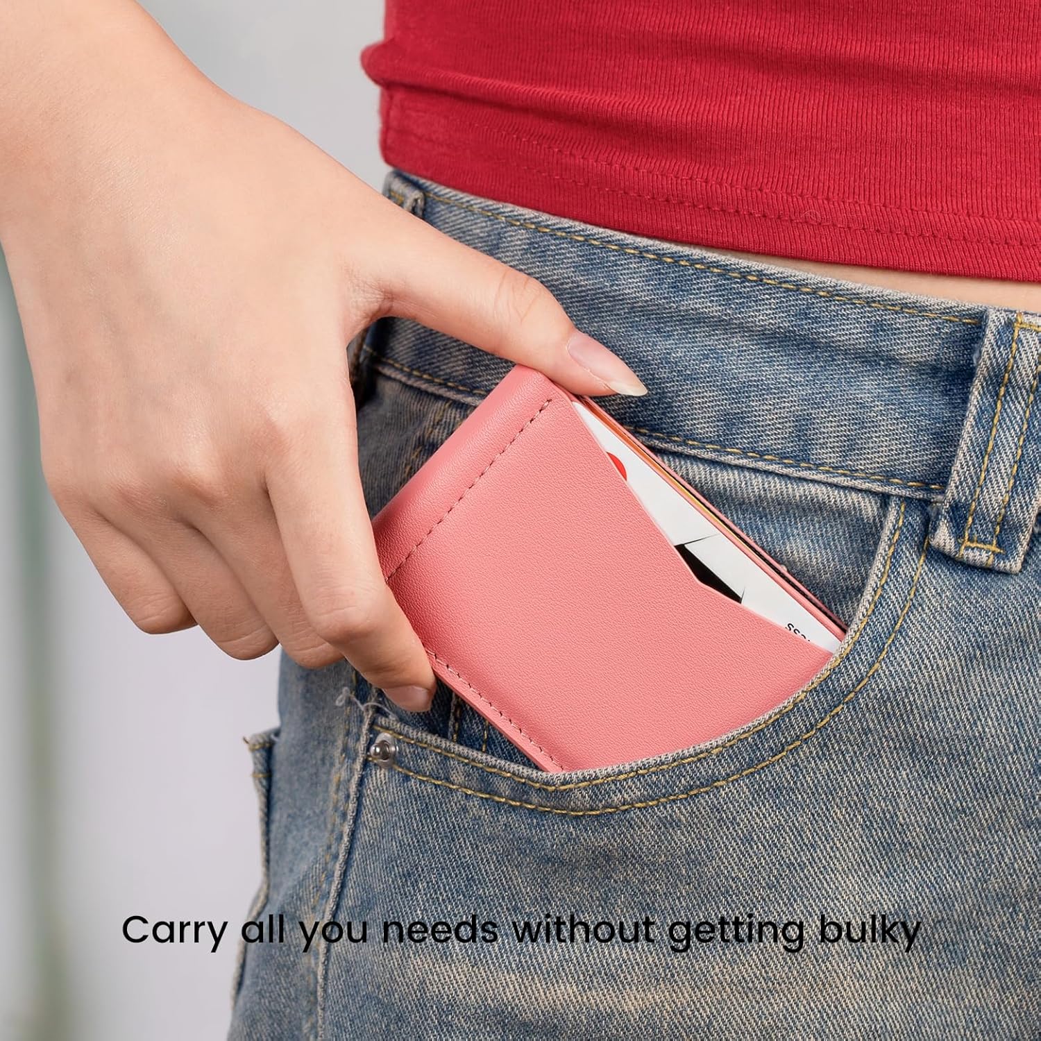 Womens Wallet Small Card Holder Minimalist Slim Front Pocket Genuine Leather Bifold Card Case for men(Pink) - Image 6