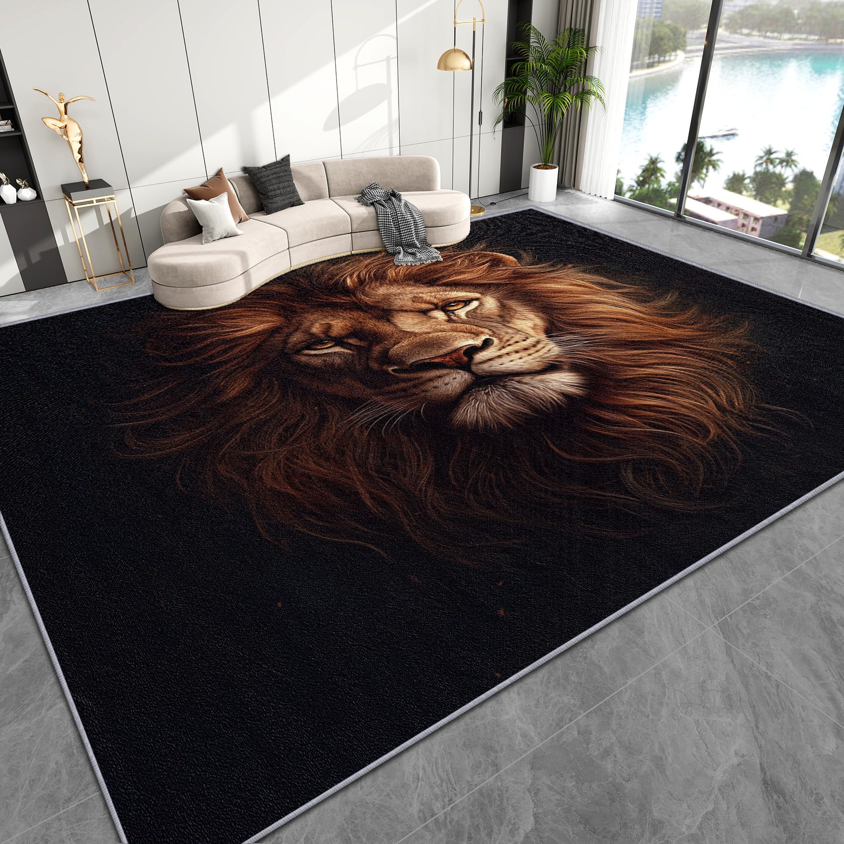 SherAvant Lion Rugs for Bedroom - Lion Rug, 6x8ft, Lion Head Wild Animal Area Rugs, Soft Low Pile Carpet, Washable Non Slip Floor Mats for Home Decor