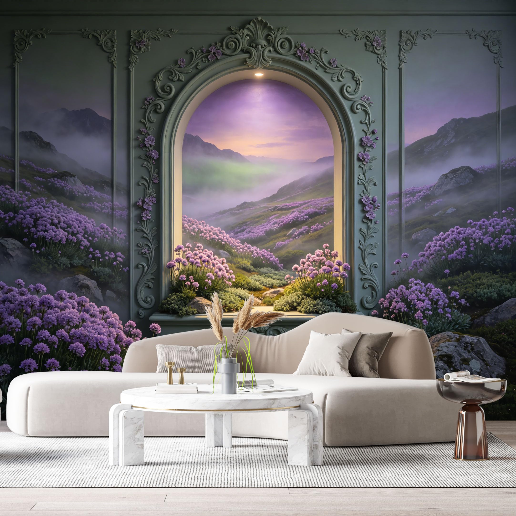 Custom Size Wall Murals Fantasy Twilight Landscape Purple Wildflowers Misty Mountains 3D Trompe L'Oeil SelfAdhesiveWall Fabric Removable Wallpaper Wall Decor for Living Room Bedroom Bathroom