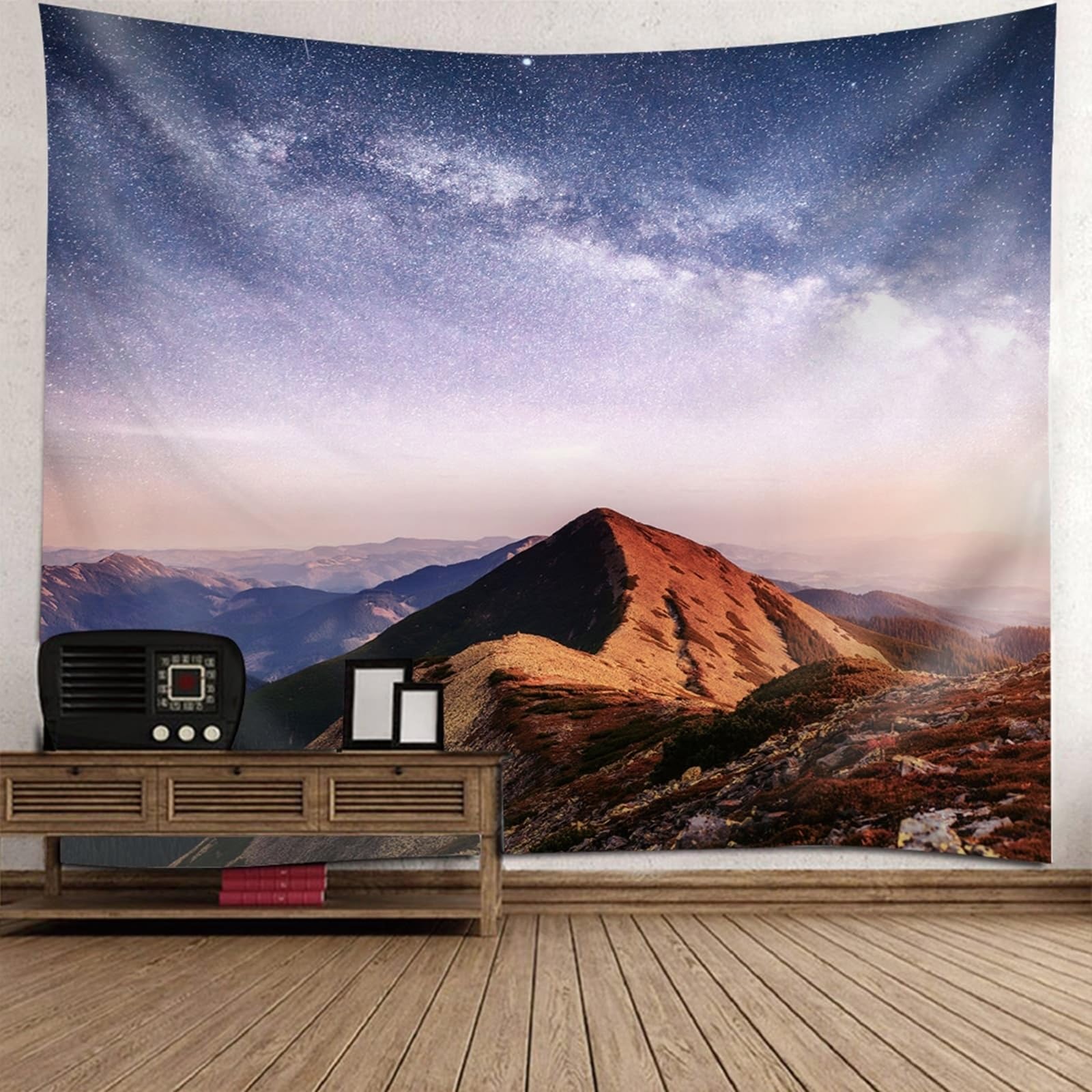 Tapiz natural para recámara, poliéster, multicolor cielo estrellado y paisaje de montaña, 240 x 220 cm