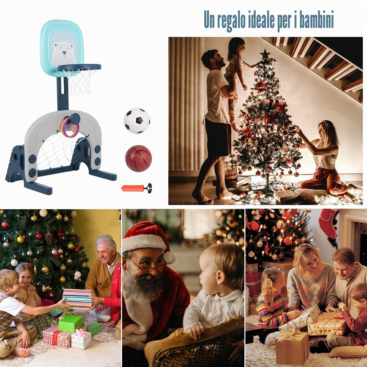 Set di canestro da basket 3 in 1 per bambini, con supporto per centro attività sportive, regolabile, facile punteggio, canestro da basket, porta da calcio/lancio dell'anello, miglior regalo per