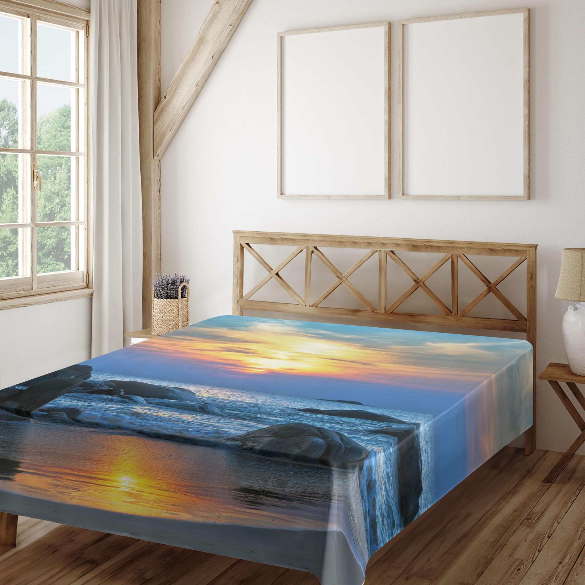 Ambesonne Beach Flat Sheet, Sunset Scenery in Sandy Beach with Rocks and Waves Lonely Peace Morning Dream Earth, Soft Comfortable Top Sheet Decorative Bedding 1 Piece, King Size, Blue Yellow