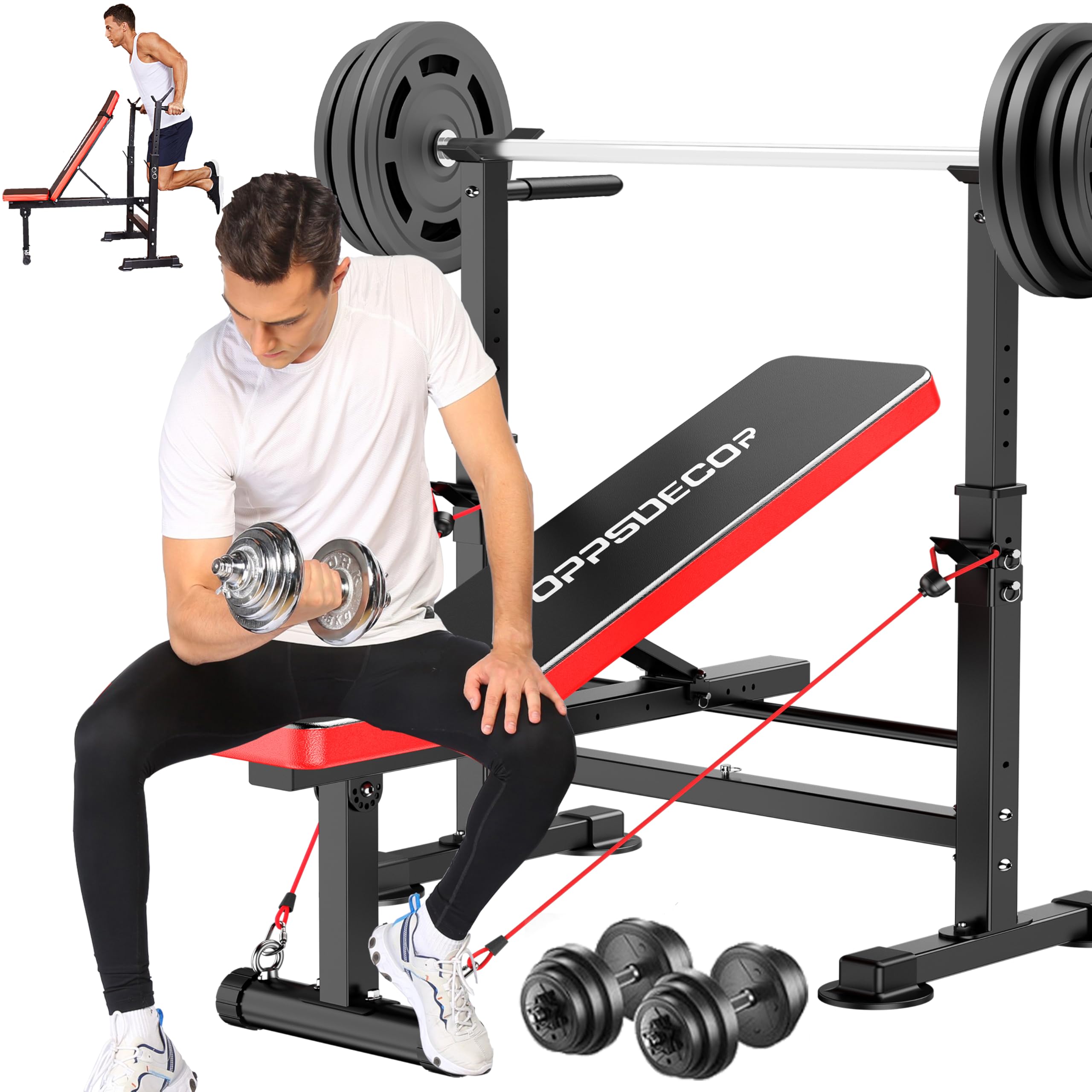 OPPSDECOR 8-in-1 Foldable Weight Bench Set with Squat Rack, Adjustable Bench Press Home Gym System for Full-Body Workout, Flat Incline Decline Sit Up Bench with Removable Foot Catch & Elastic Ropes