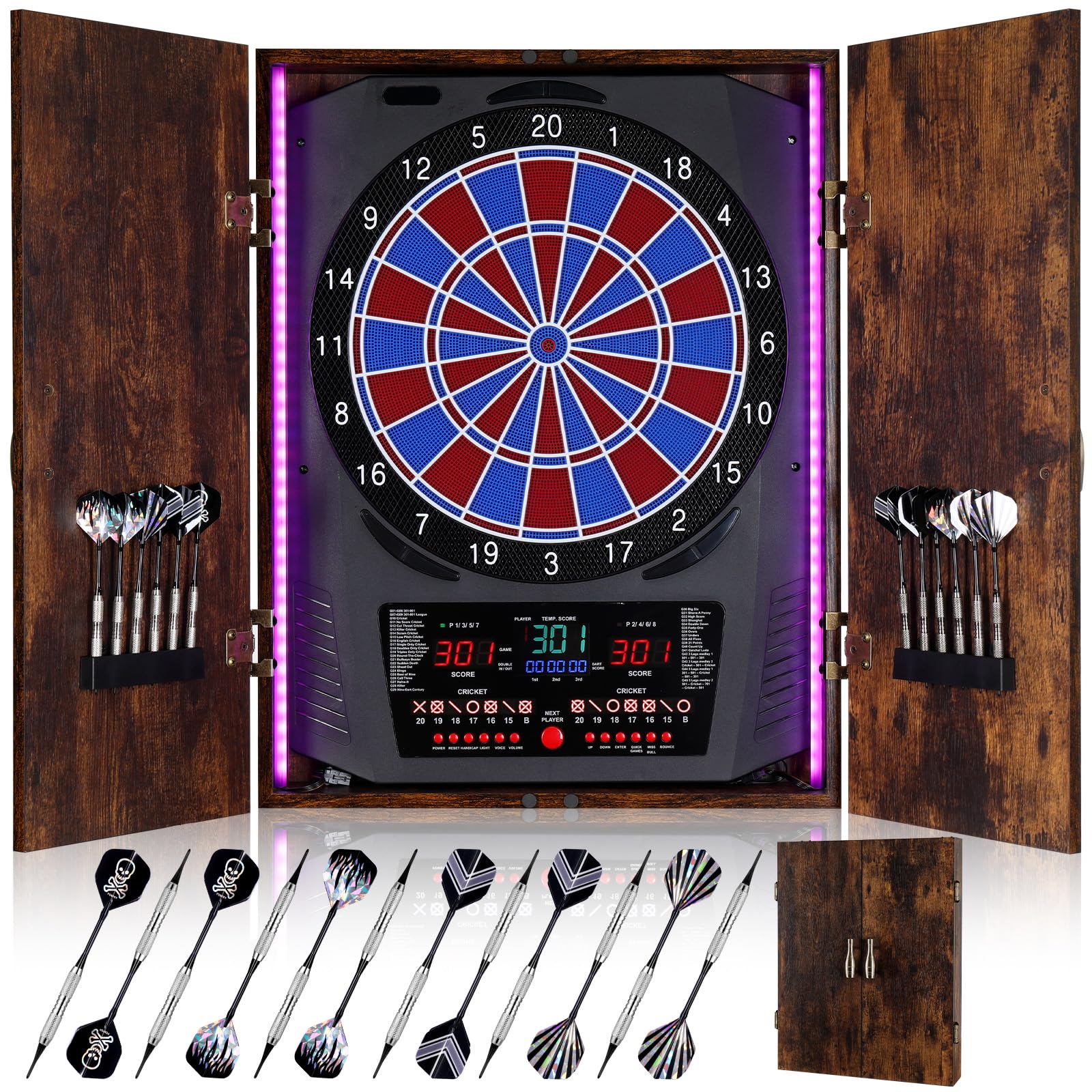 Jeu de Fléchette Électronique avec Cible LED 8 Couleurs, Armoire en Bois Rustique, 12 Fléchettes Bronze pour Maison & Bar