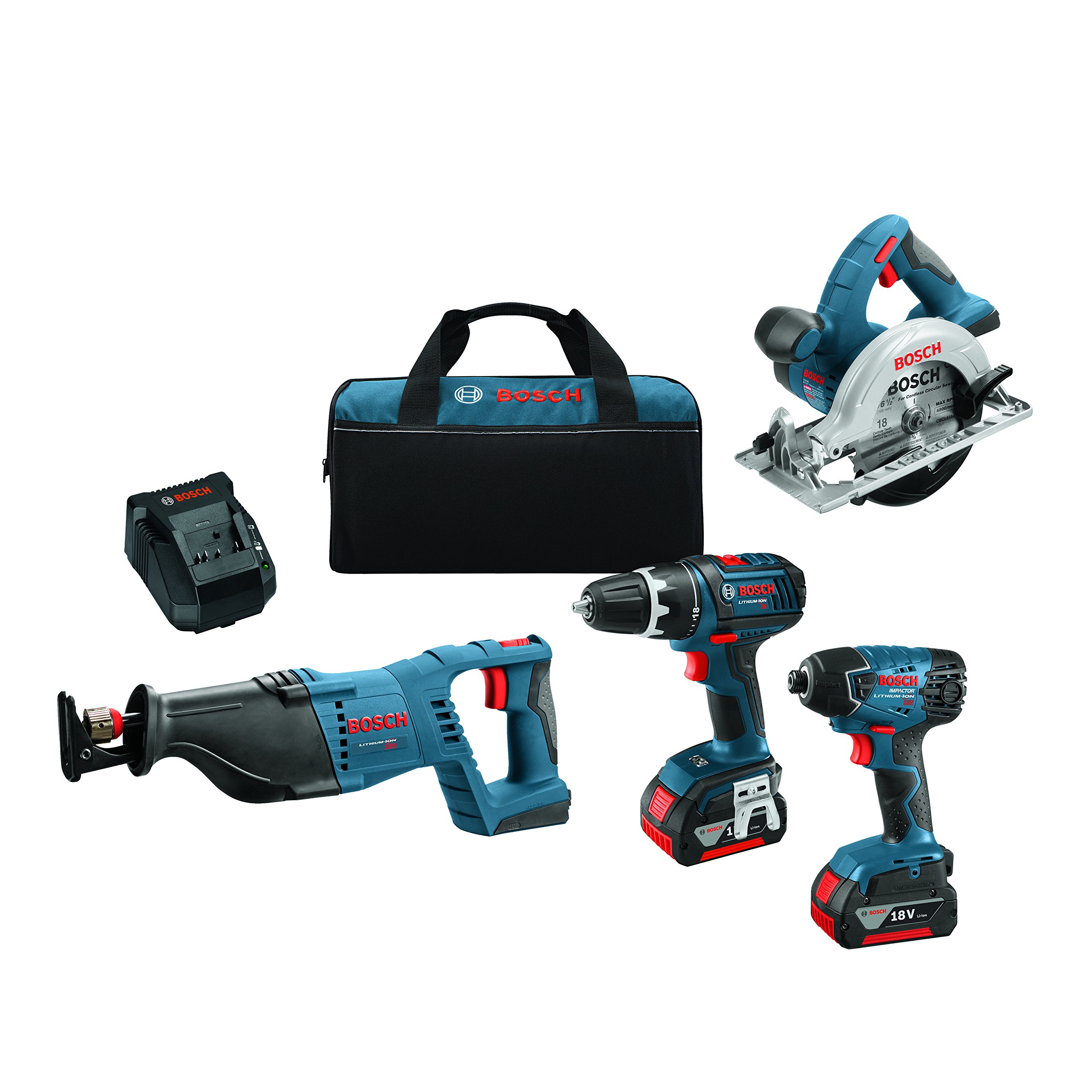 Bosch 18-Volt 4-Tool Combo Kit CLPK420-181 with Charger, 2 Batteries (4.0 Ah Fat Pack Batteries), Belt Clips, and Blue Carrying Bag