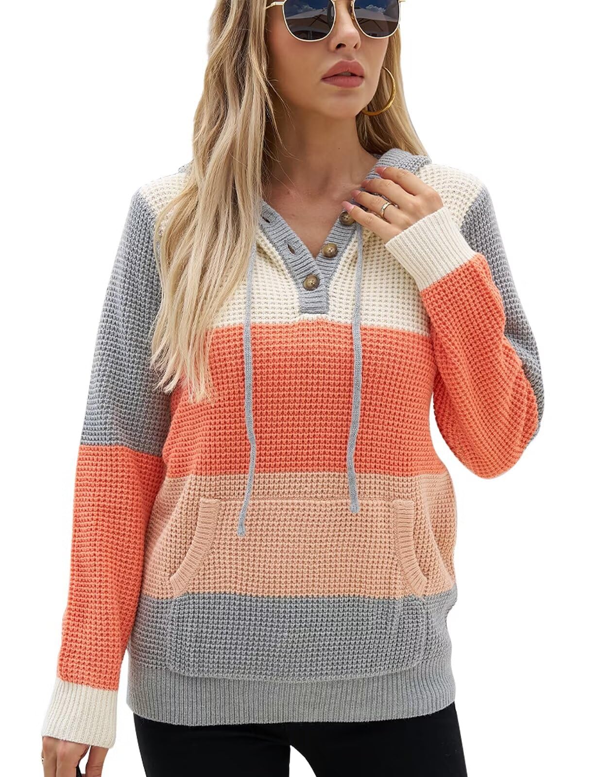 CiCiBird Women's Fall Hoodies Sweater V Neck Waffle Knit Top with Pocket