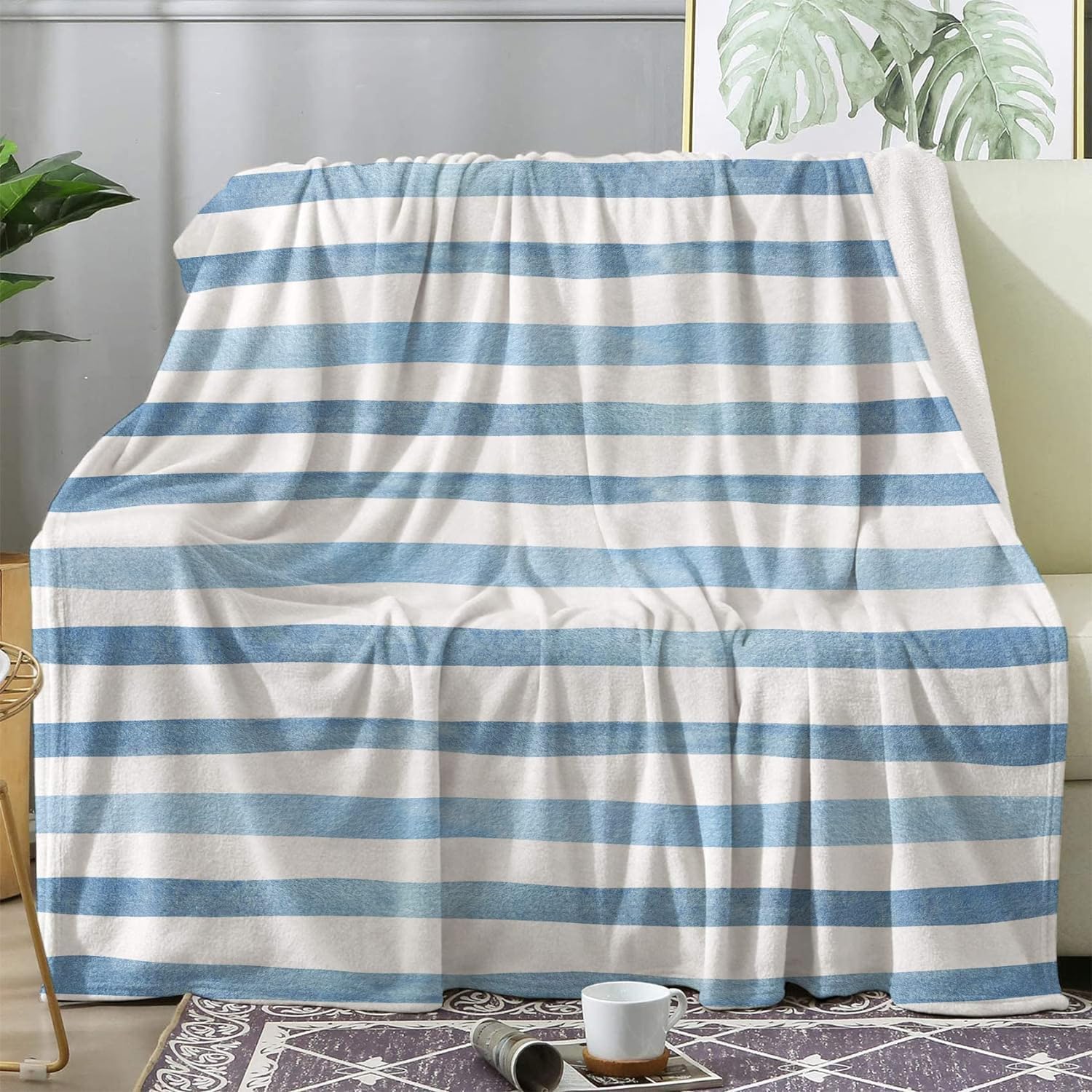 Couverture Polaire 180 x 220 cm Bleu, Plaid Polaire Bande Couverture 3D Imprimée Flanelle Blanket Literie 2 Personnes, Couvertures Doux et Chaude pour Canape Lit D875