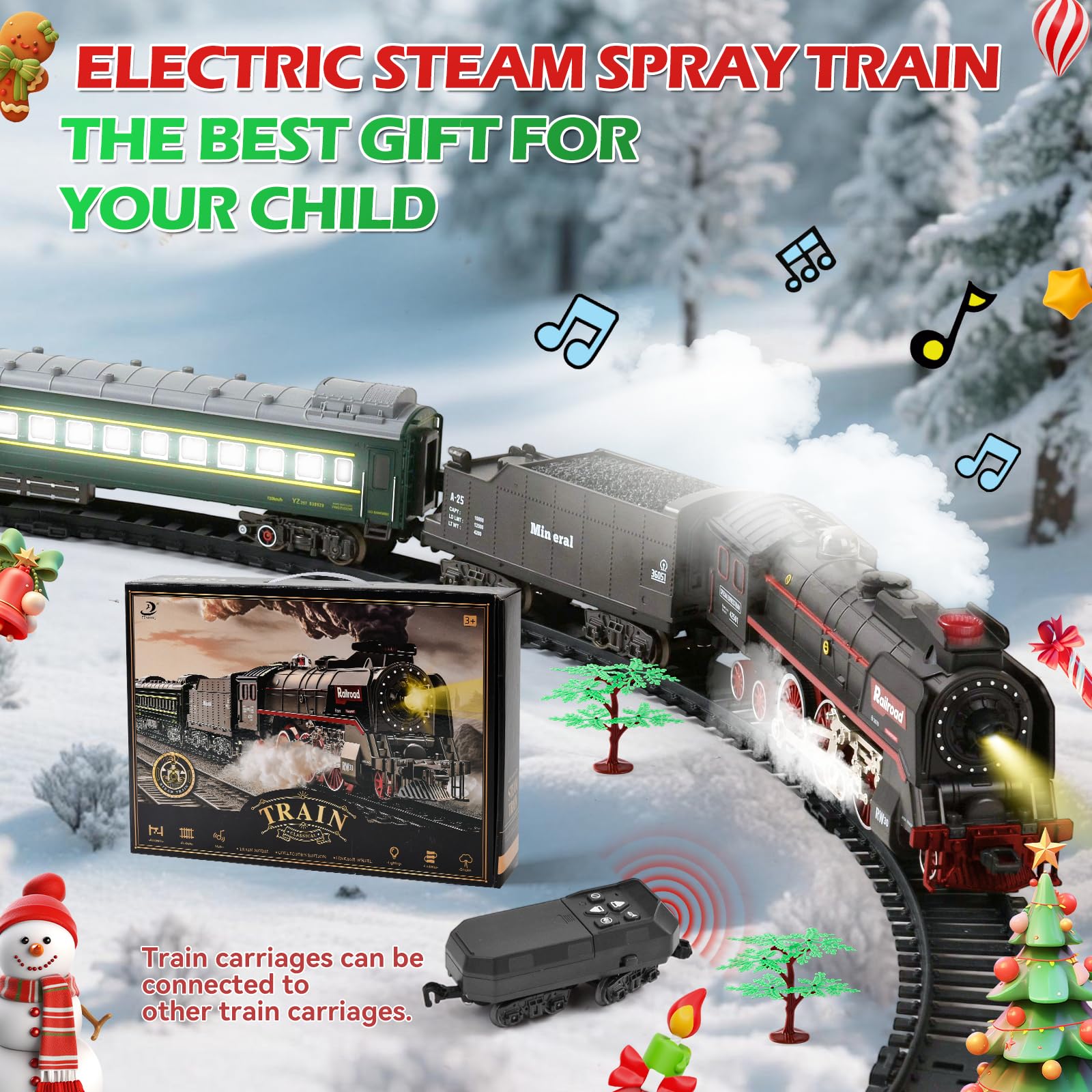 Giocattolo elettrico treno a vapore, giocattolo con rotaie, vapore, luce e suono, treno di Natale elettrico per bambini a partire dai 3 anni, treno di Natale intorno all'albero regalo per
