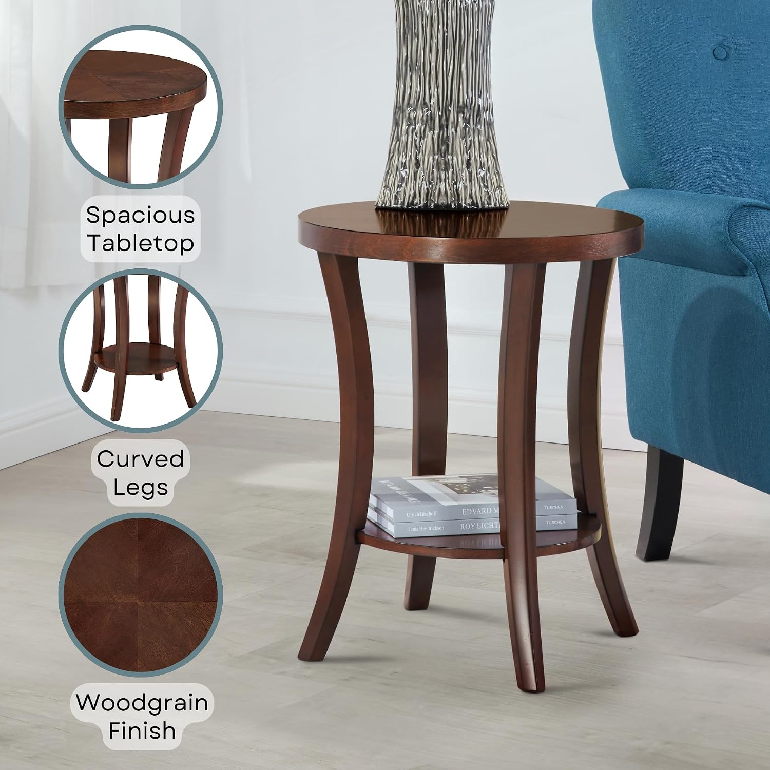 Convenience Concepts Charleston Round End Table 30" - Classic Living Room Side Table with Storage Shelf for Transitional Living Room, Family Room, Espresso