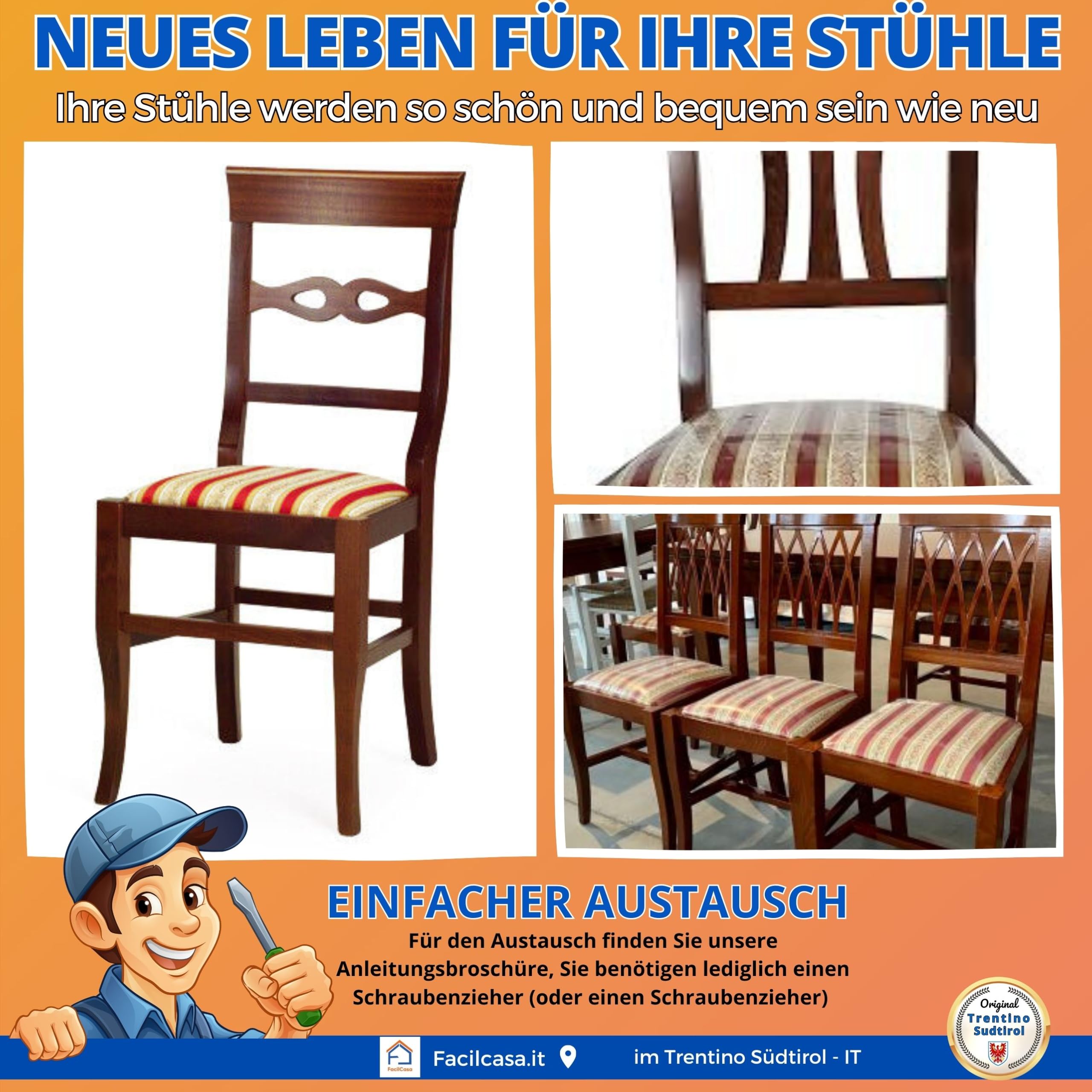 FacilCasa 2 Stoffsitze, gepolsterter Boden, Ersatzsitz für klassischen Stuhl, Empire-Streifen (37,5 x 33 cm)
