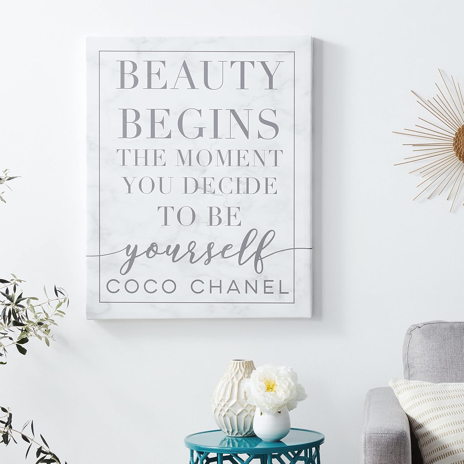 Stupell Industries Beauty Begins Once You Decide to Be Yourself White Marble Typography, Design by Daphne Polselli Wall Art, 24 x 30, Black : Home & Kitchen