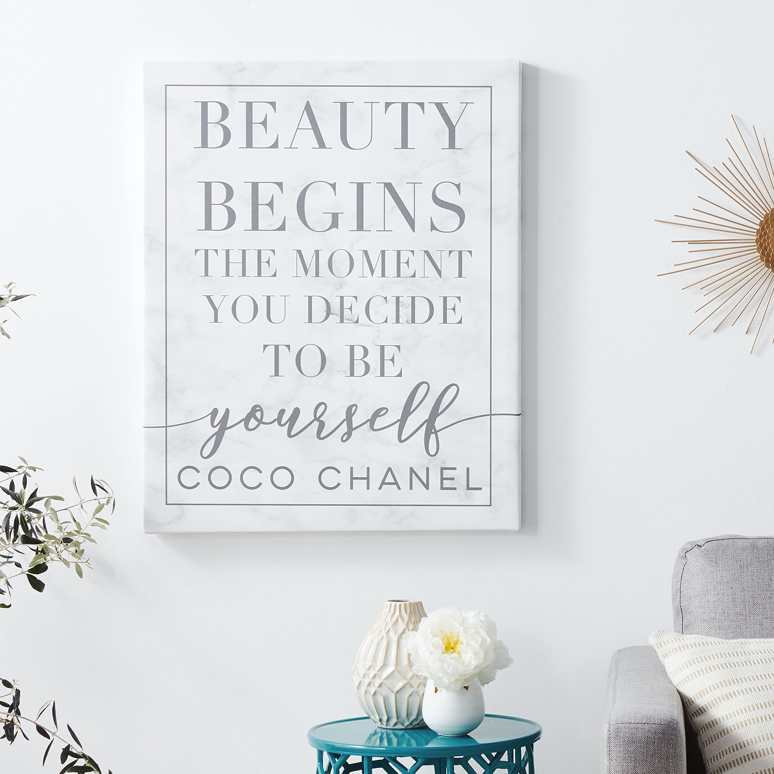 Stupell Industries Beauty Begins Once You Decide to Be Yourself White Marble Typography, Design by Daphne Polselli Wall Art, 24 x 30, Black