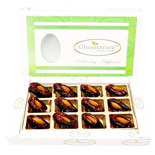 Ghasitaram Gifts Diwali Gifts Diwali Dryfruit - Premum Dates with Almonds in White Box