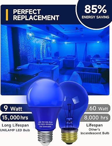 Miniatura 3 de Bombillas LED azules, bombilla LED E26, luces azules para Navidad, equivalente a 9 W, 60 W, bombillas de color azul para porche al aire libre,