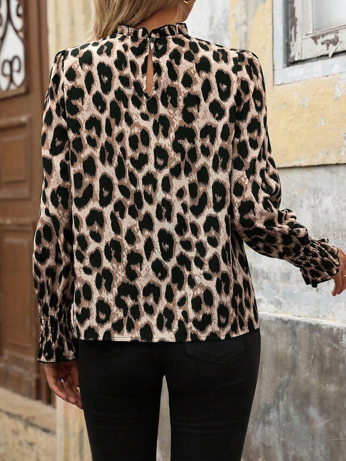 SweatyRocks Women's Leopard Print Blouse Mock Neck Long Puff Sleeve Frill Trim Shirt Tops - Image 2