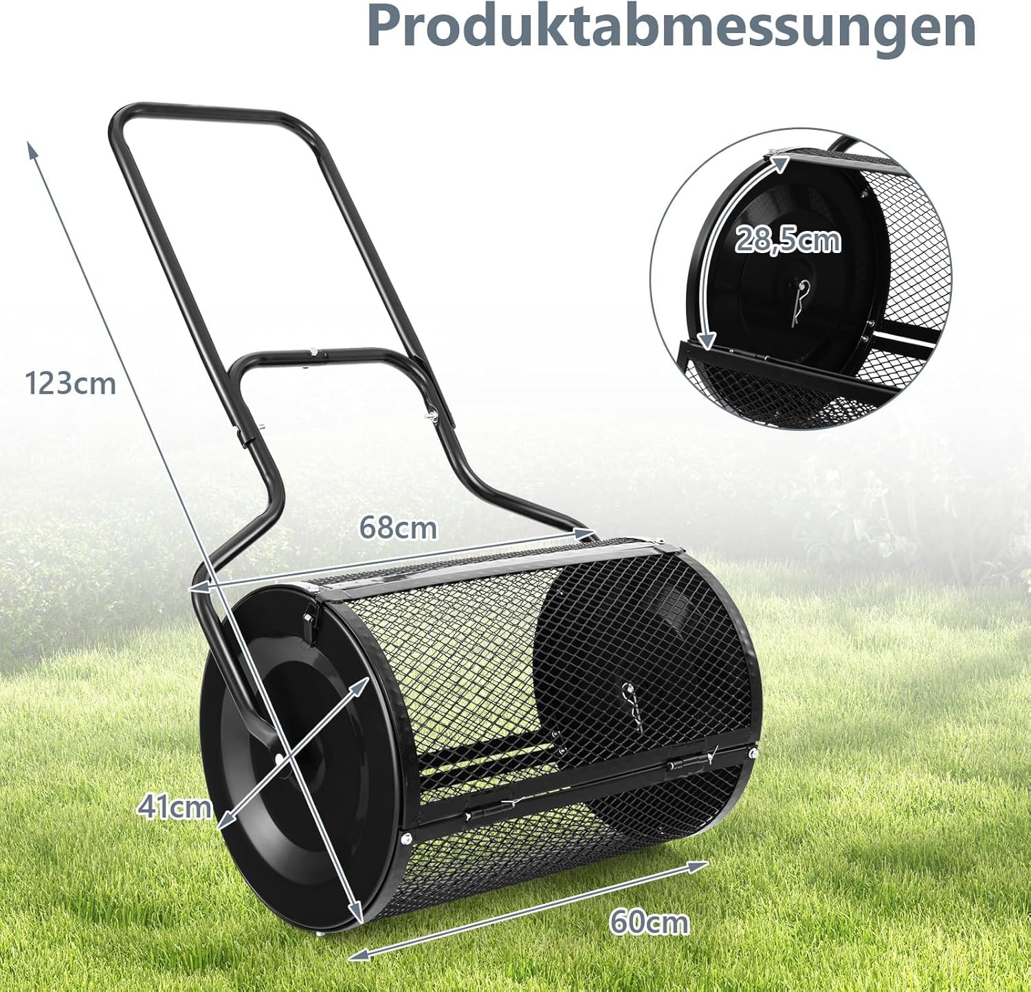 FANTASK Esparcidor de compostaje con Mango en U, 75 L, para jardín, espolvoreador de Fertilizante para césped, compostador de Metal, para Semillas de Fertilizante y Semillas, con Cesta de Malla