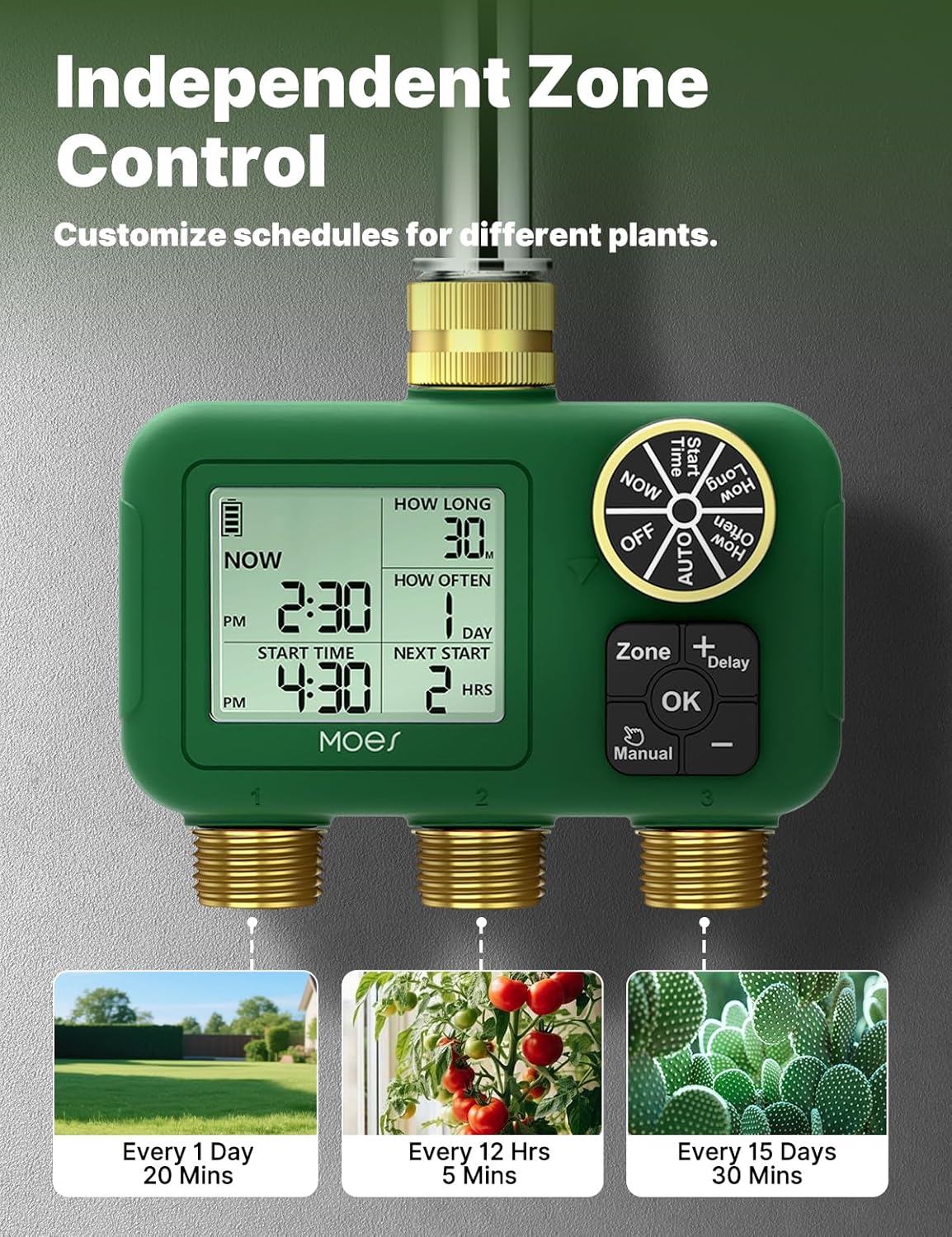 MOES 3 Zone Water Timer for Garden Hose, Heavy Duty Solid Brass Inlet & Outlets, Programmable Sprinkler Timer Battery Operated, 3 Outlet Faucet Valve with Sequential Watering (Non-WiFi)