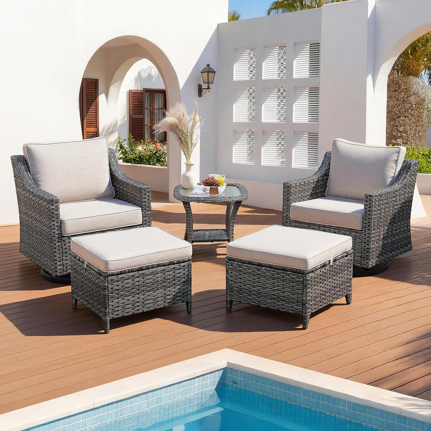 Patio Furniture Set 5 Pieces Luxury Outdoor Swivel Rocker Chairs and Ottomans, Easy Assembly Conversation Set for Porch Deck Balcony Yard in Gray Wicker and Beige Cushions